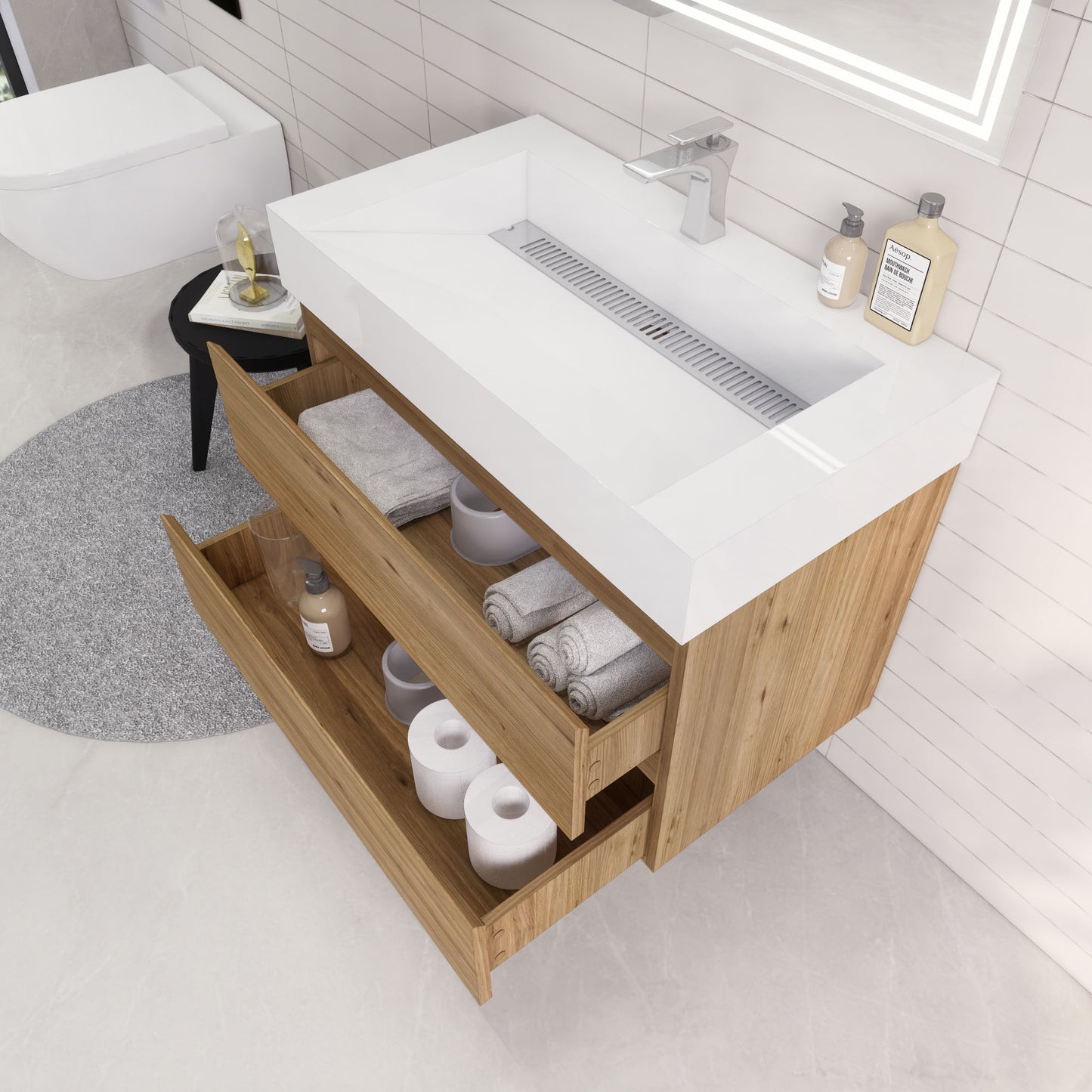 Monterey 36" Natural Oak Wall Mounted Vanity with Reinforced Acrylic Sink