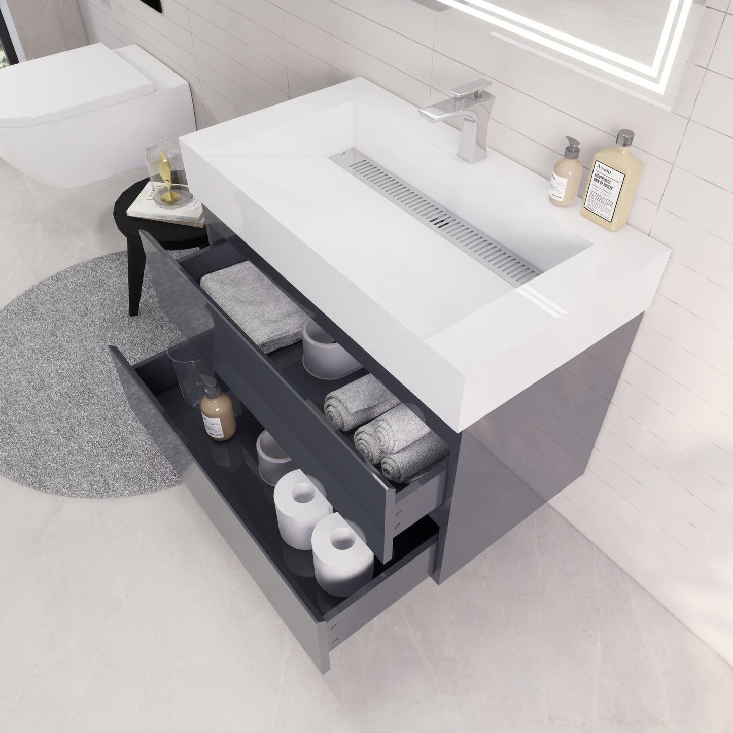 Monterey 36" Glossy Gray Wall Mounted Vanity with Reinforced Acrylic Sink