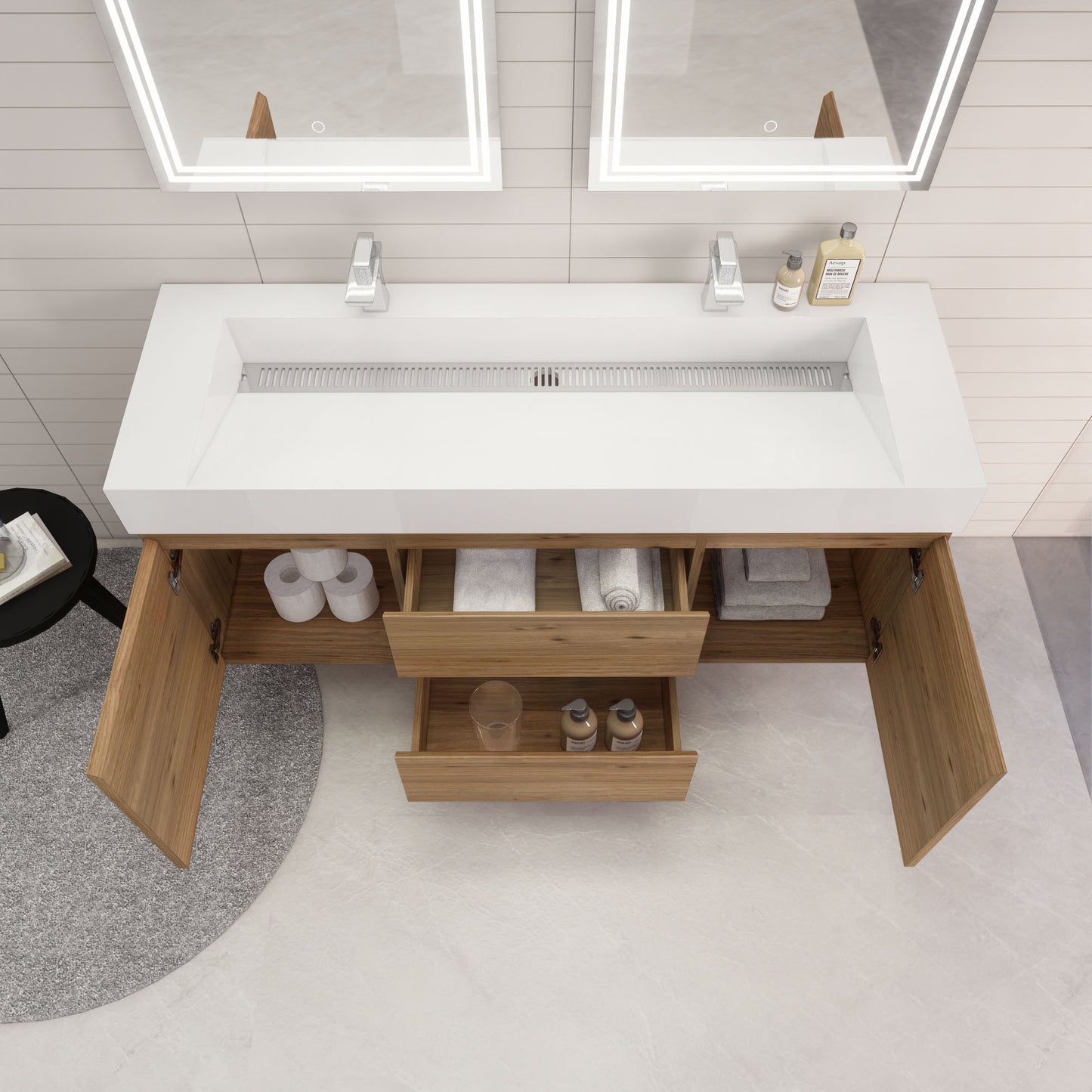 Monterey 60" Natural Oak Wall Mounted Vanity with Reinforced Acrylic Sinks
