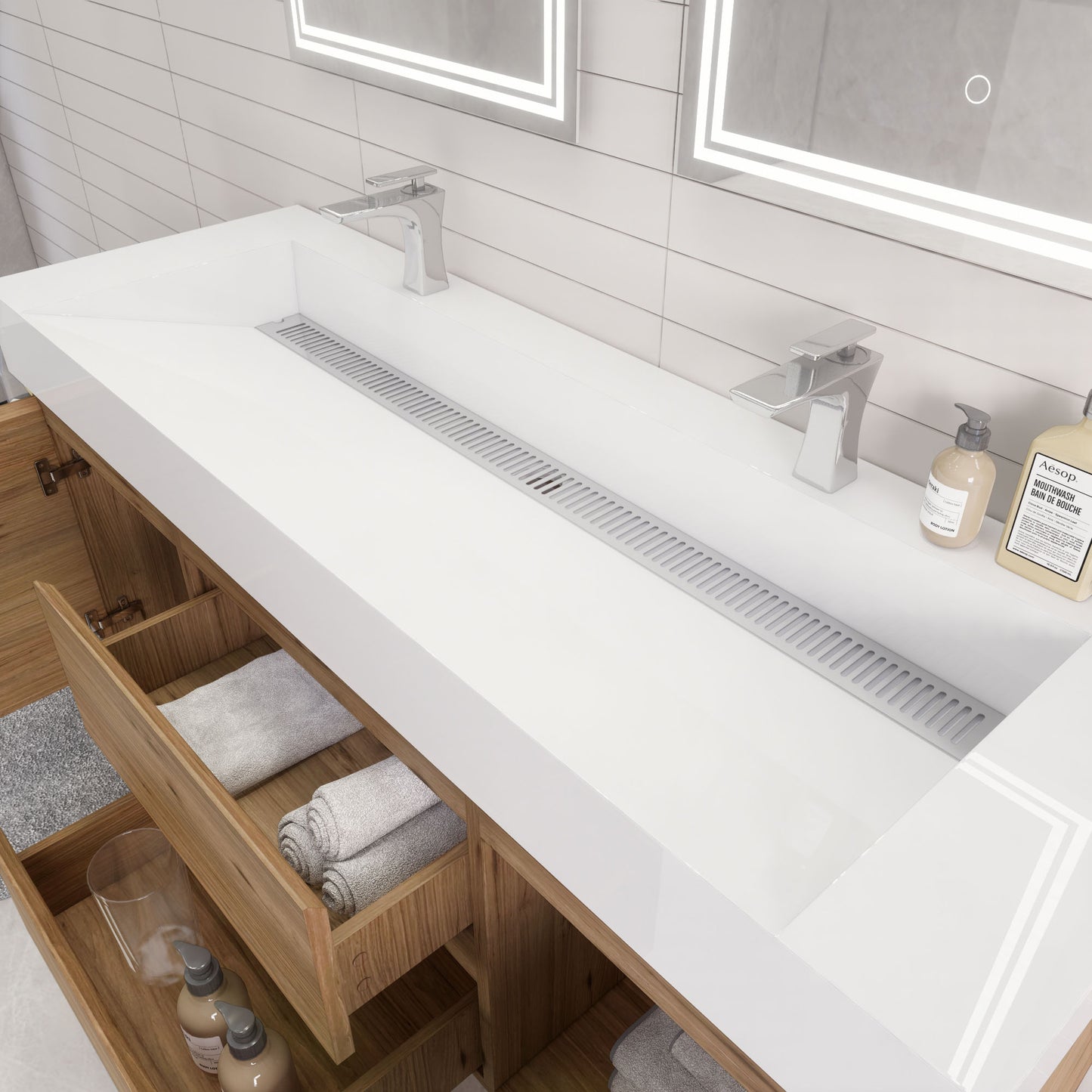 Monterey 60" Natural Oak Wall Mounted Vanity with Reinforced Acrylic Sinks