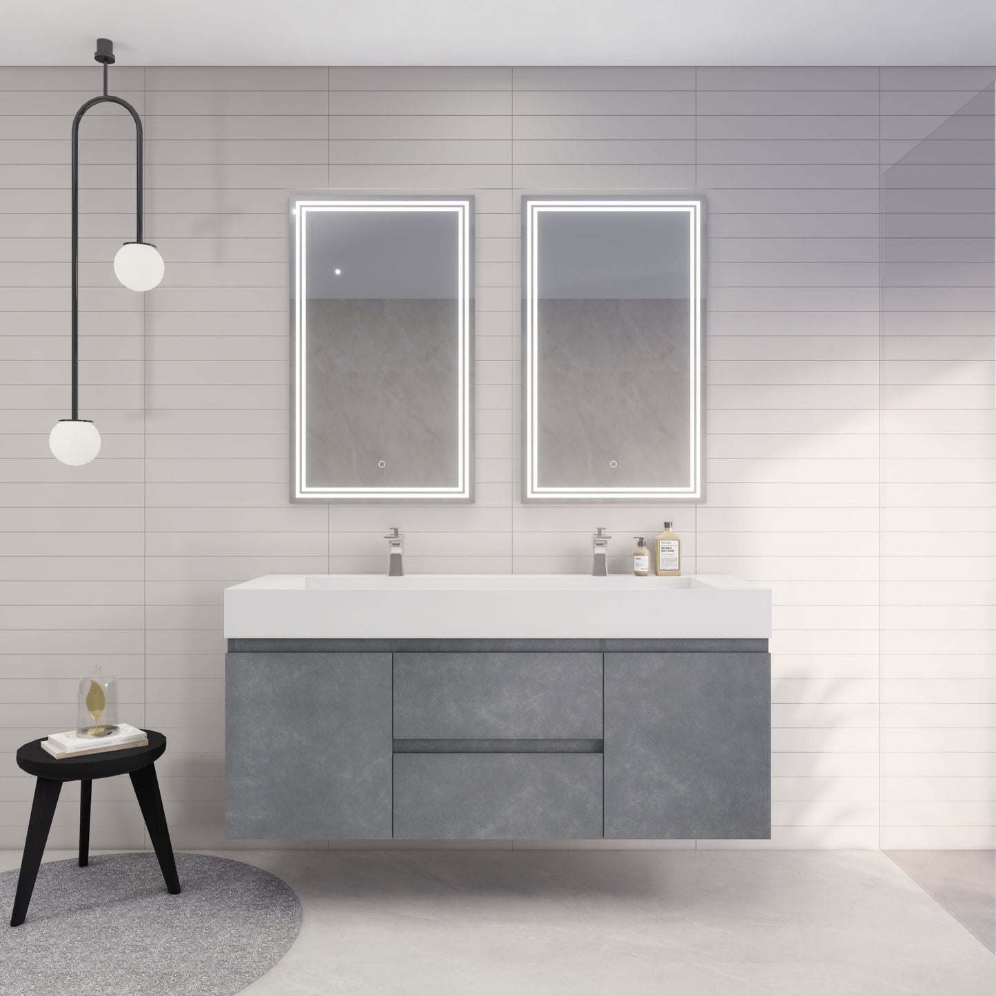 Monterey 60" Cement Gray Wall Mounted Vanity with Reinforced Acrylic Sinks