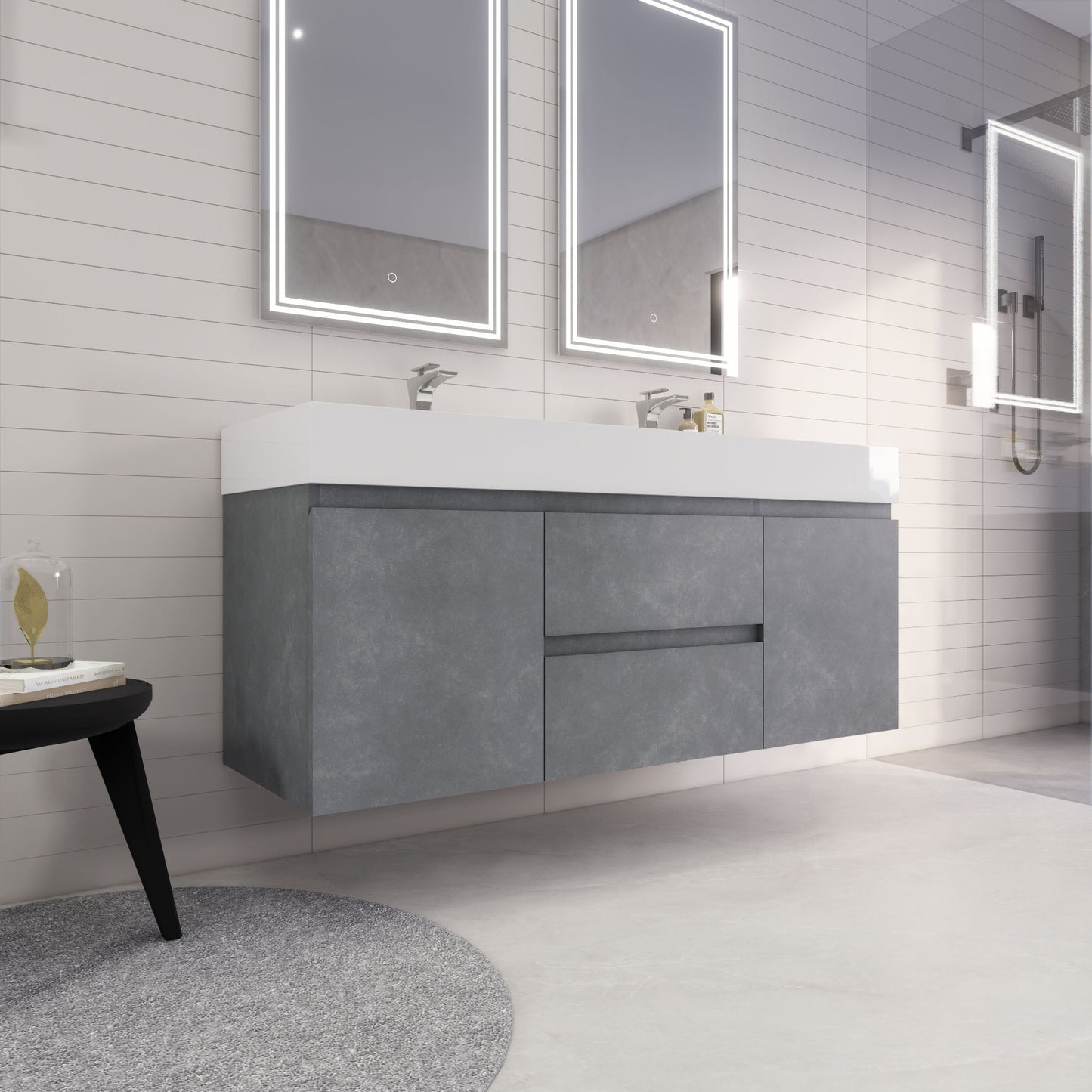 Monterey 60" Cement Gray Wall Mounted Vanity with Reinforced Acrylic Sinks