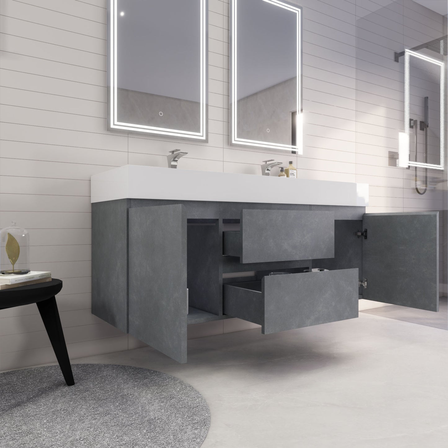 Monterey 60" Cement Gray Wall Mounted Vanity with Reinforced Acrylic Sinks