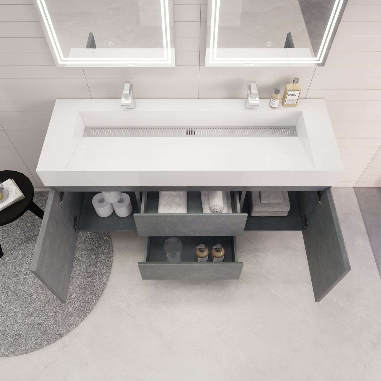 Monterey 60" Cement Gray Wall Mounted Vanity with Reinforced Acrylic Sinks