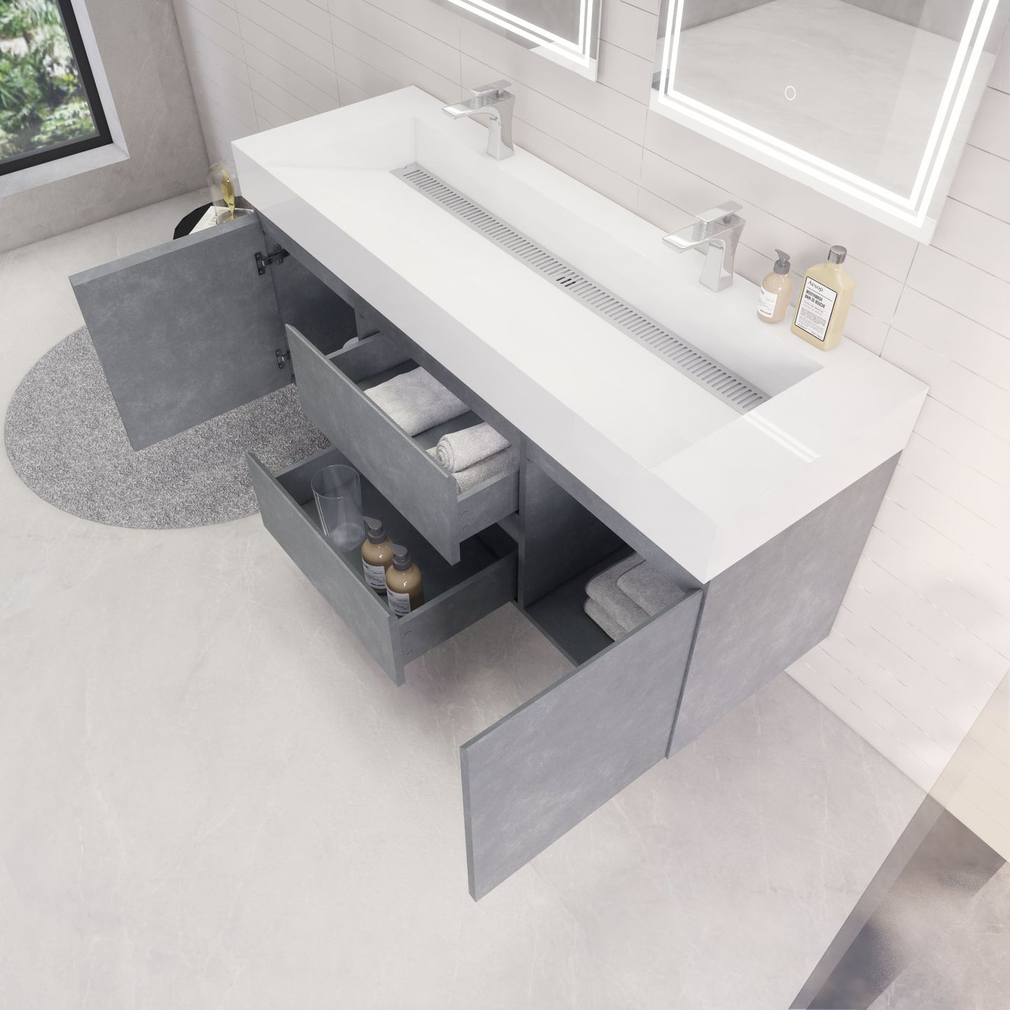 Monterey 60" Cement Gray Wall Mounted Vanity with Reinforced Acrylic Sinks