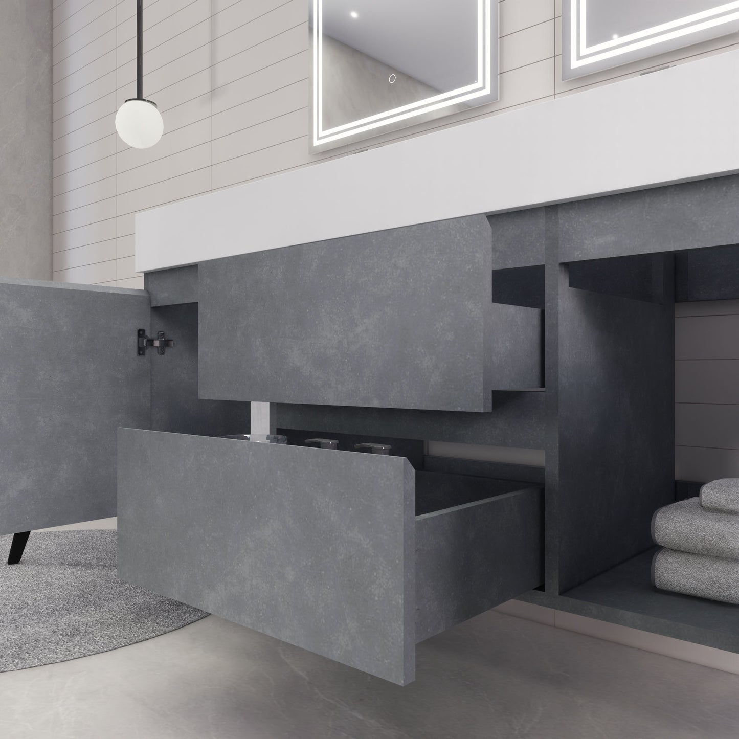 Monterey 60" Cement Gray Wall Mounted Vanity with Reinforced Acrylic Sinks
