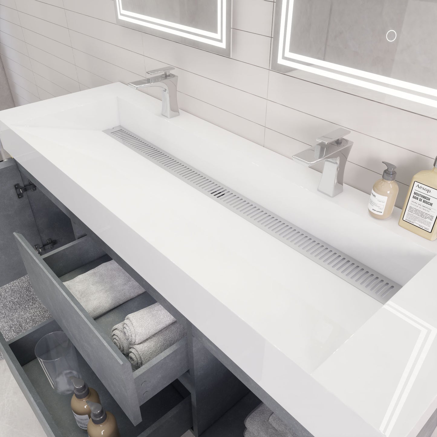Monterey 60" Cement Gray Wall Mounted Vanity with Reinforced Acrylic Sinks