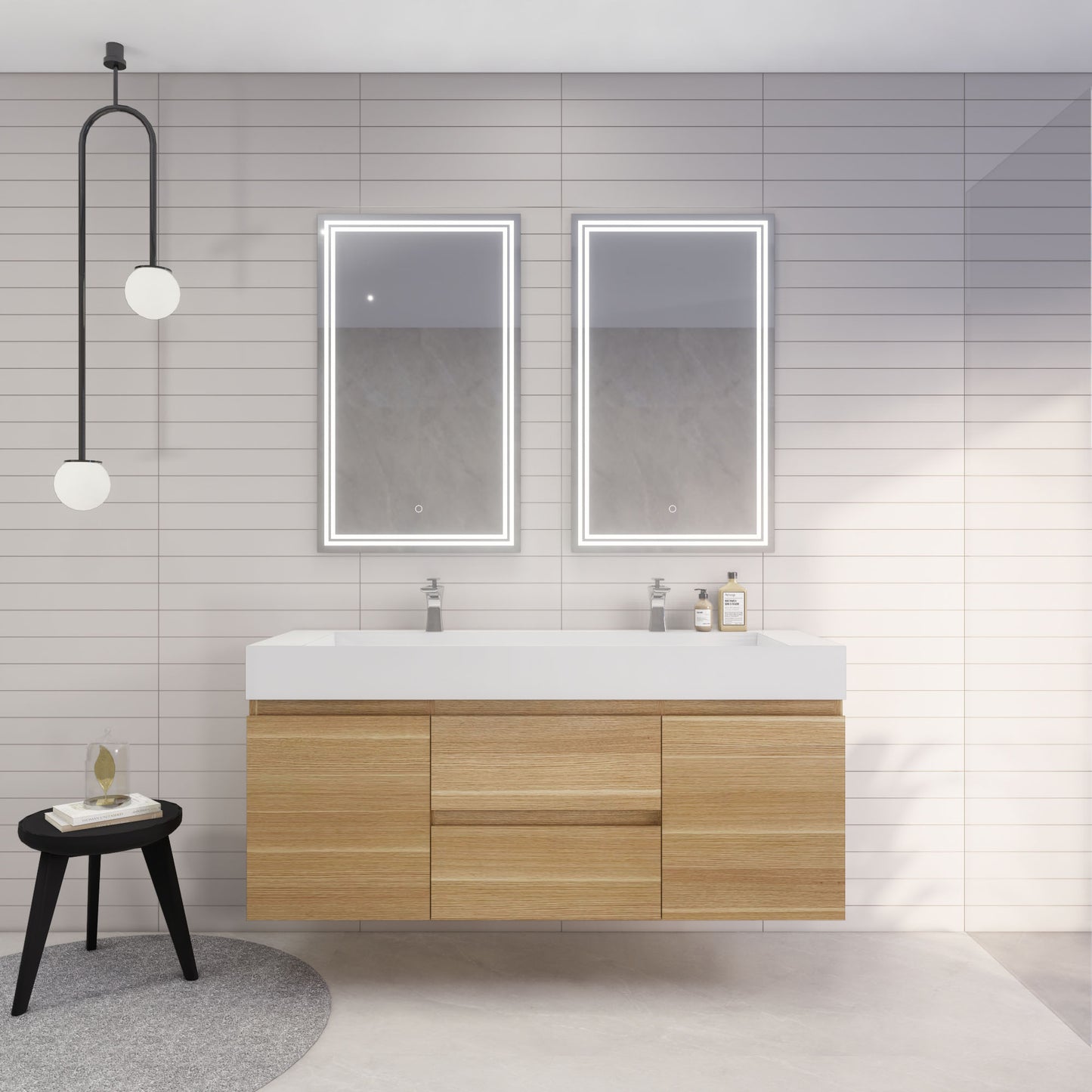 Monterey 60" White Oak Wall Mounted Vanity with Reinforced Acrylic Sinks