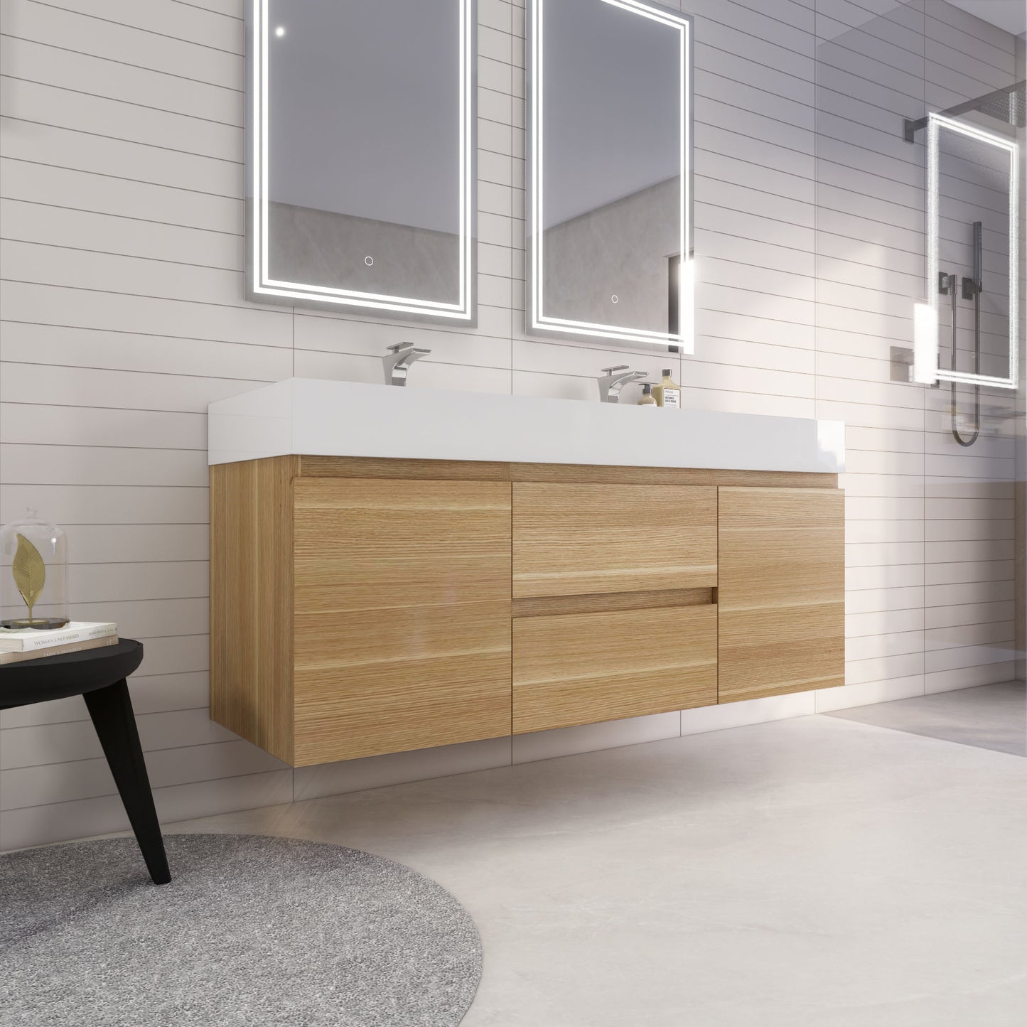 Monterey 60" White Oak Wall Mounted Vanity with Reinforced Acrylic Sinks