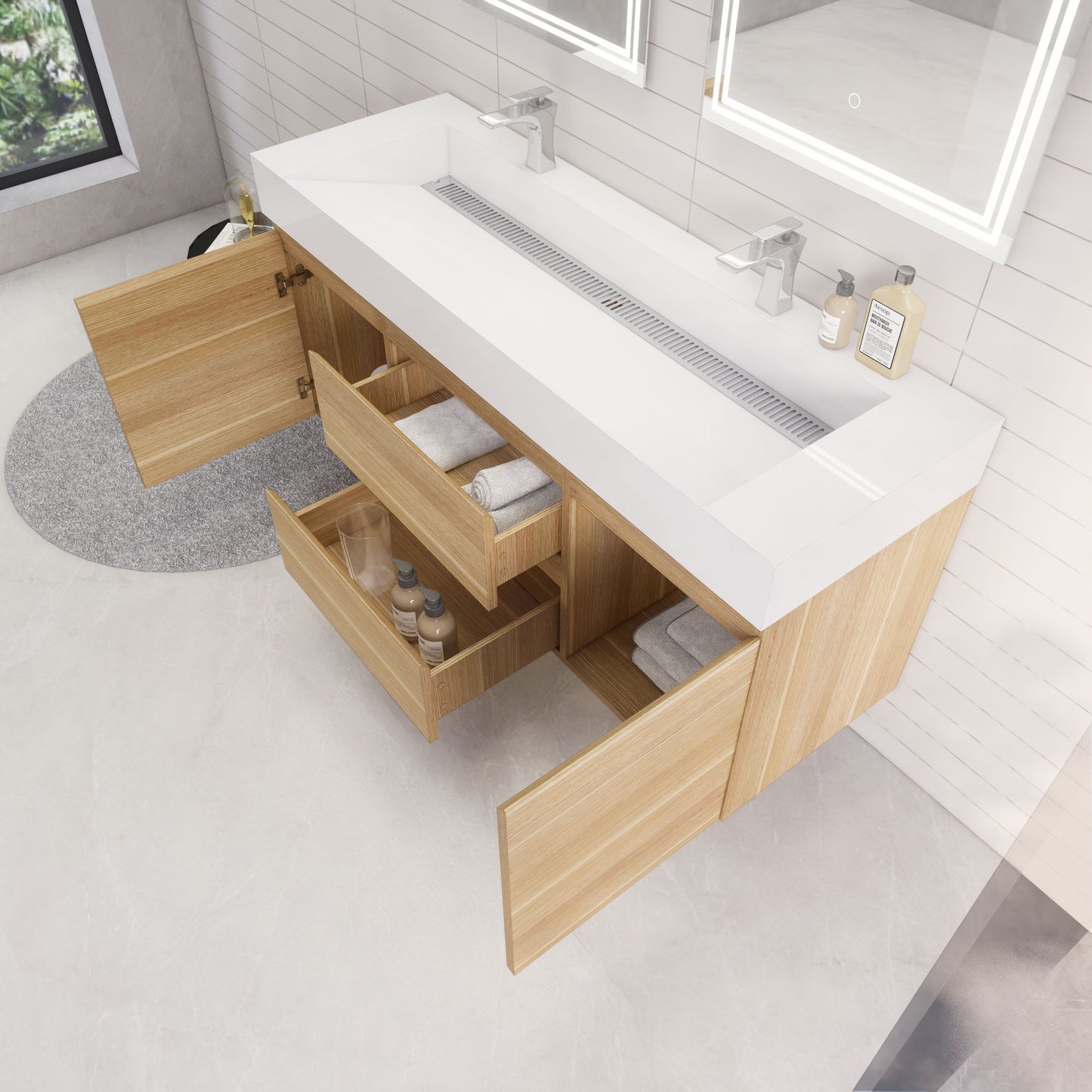 Monterey 60" White Oak Wall Mounted Vanity with Reinforced Acrylic Sinks
