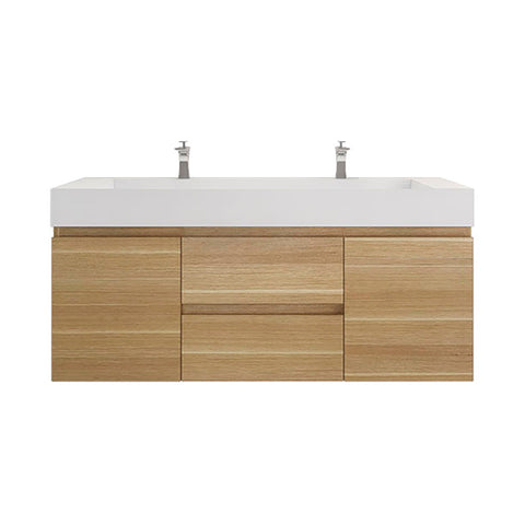 Monterey 60" White Oak Wall Mounted Vanity with Reinforced Acrylic Sinks