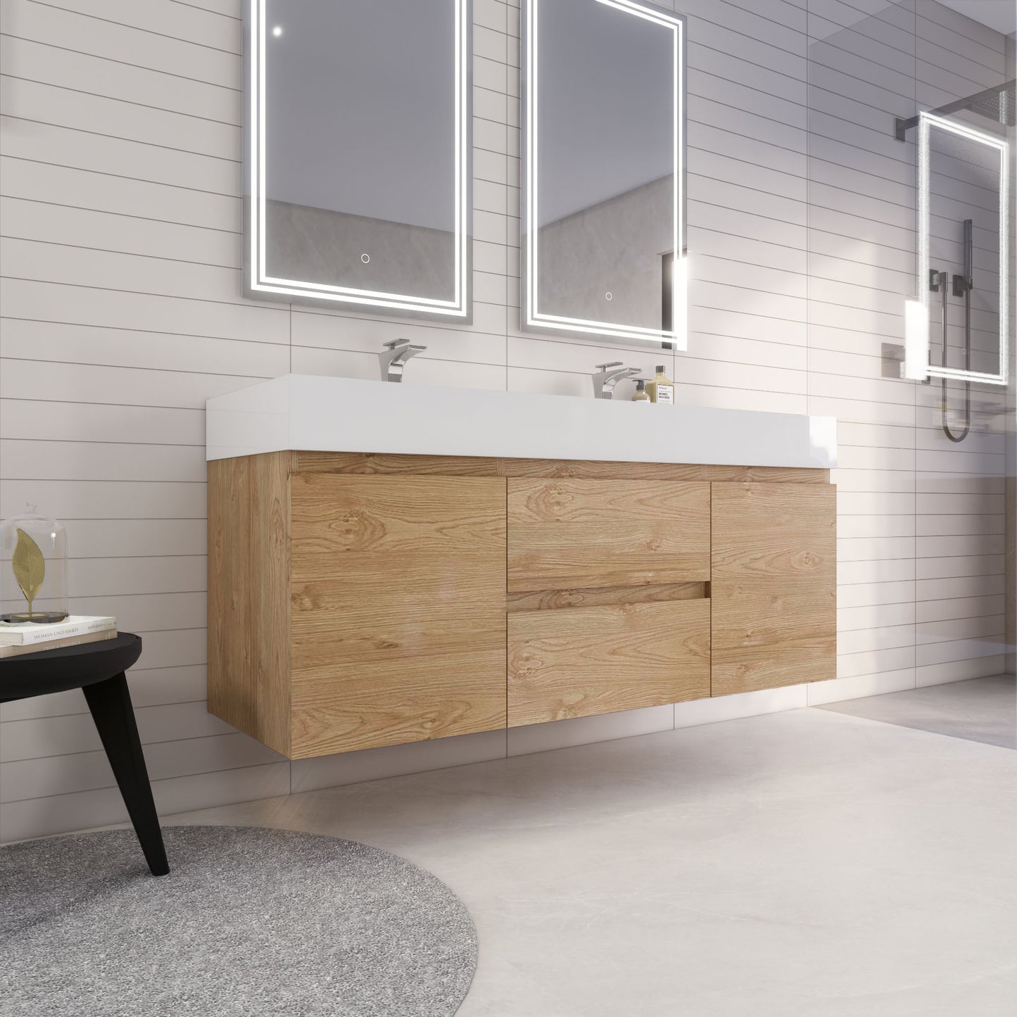 Monterey 60" New England Oak Wall Mounted Vanity with Reinforced Acrylic Sinks