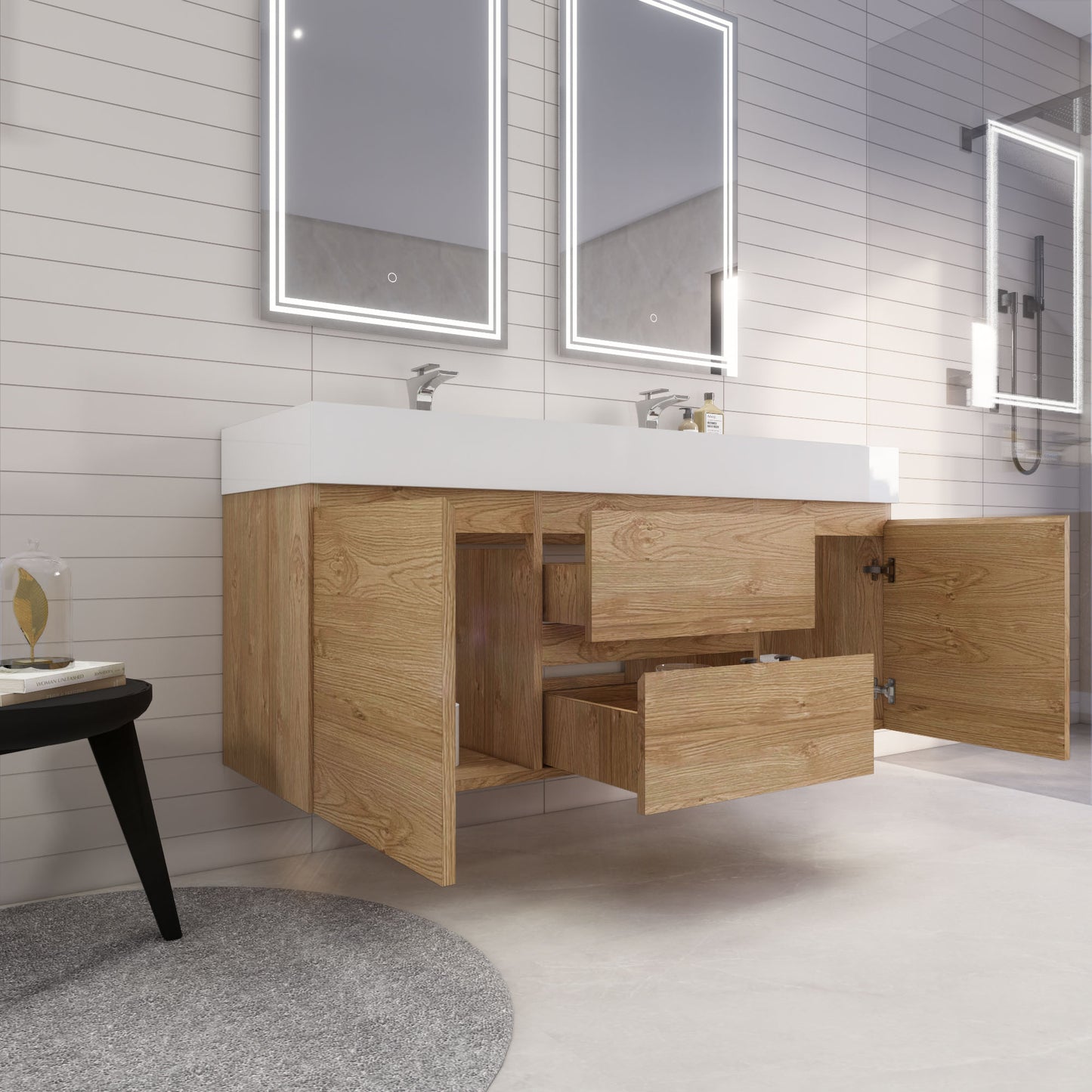 Monterey 60" New England Oak Wall Mounted Vanity with Reinforced Acrylic Sinks