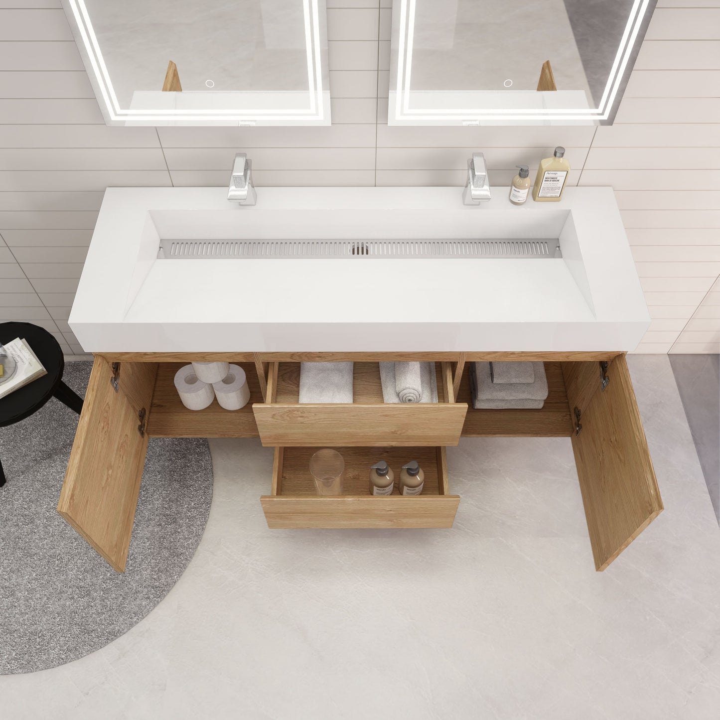 Monterey 60" New England Oak Wall Mounted Vanity with Reinforced Acrylic Sinks