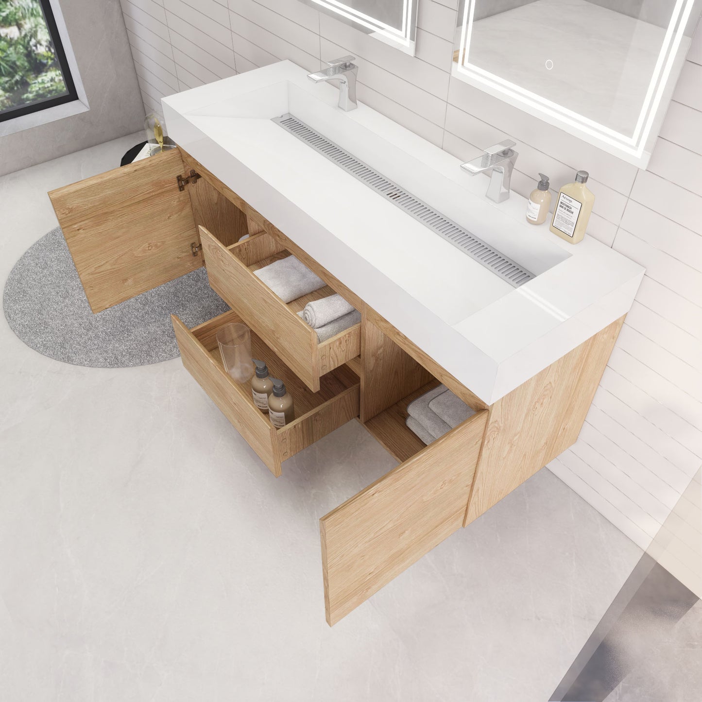 Monterey 60" New England Oak Wall Mounted Vanity with Reinforced Acrylic Sinks