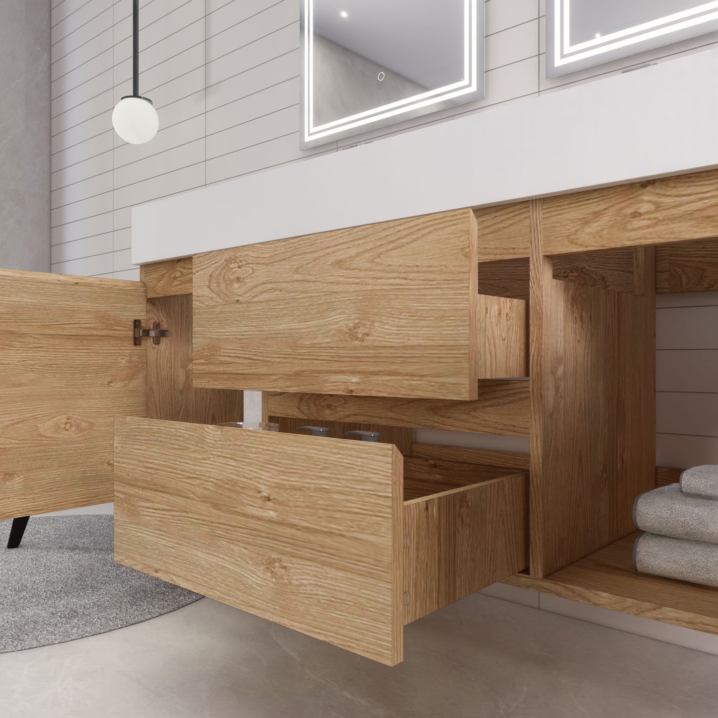 Monterey 60" New England Oak Wall Mounted Vanity with Reinforced Acrylic Sinks