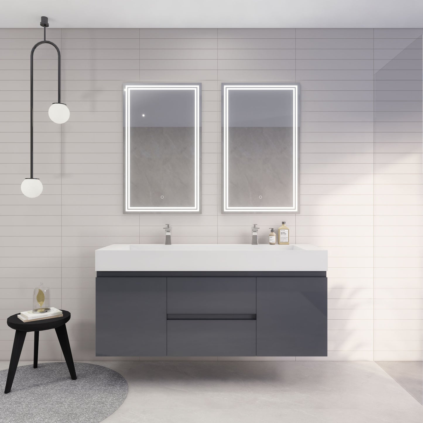 Monterey 60" Glossy Gray Wall Mounted Vanity with Reinforced Acrylic Sinks
