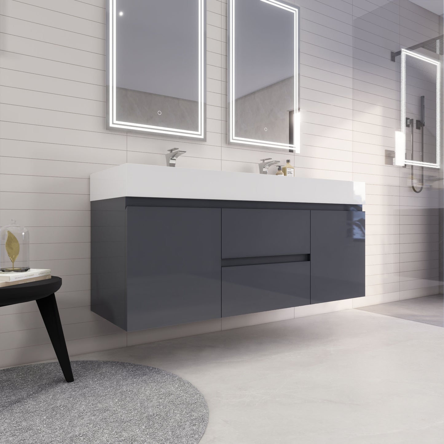 Monterey 60" Glossy Gray Wall Mounted Vanity with Reinforced Acrylic Sinks