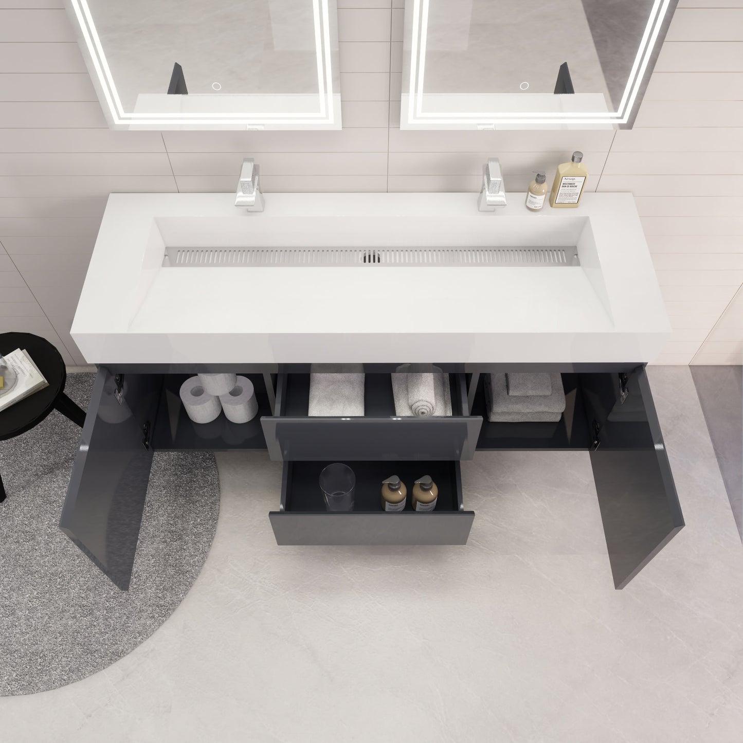 Monterey 60" Glossy Gray Wall Mounted Vanity with Reinforced Acrylic Sinks