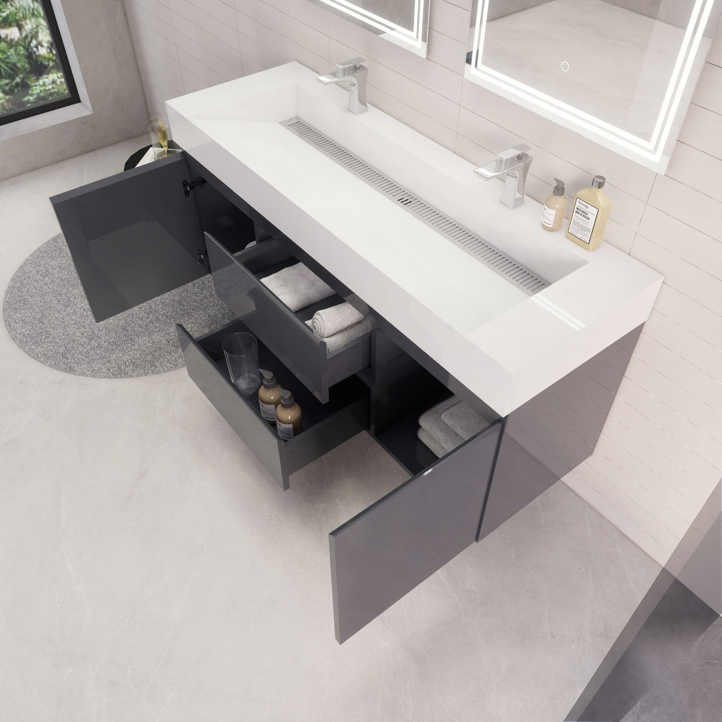 Monterey 60" Glossy Gray Wall Mounted Vanity with Reinforced Acrylic Sinks