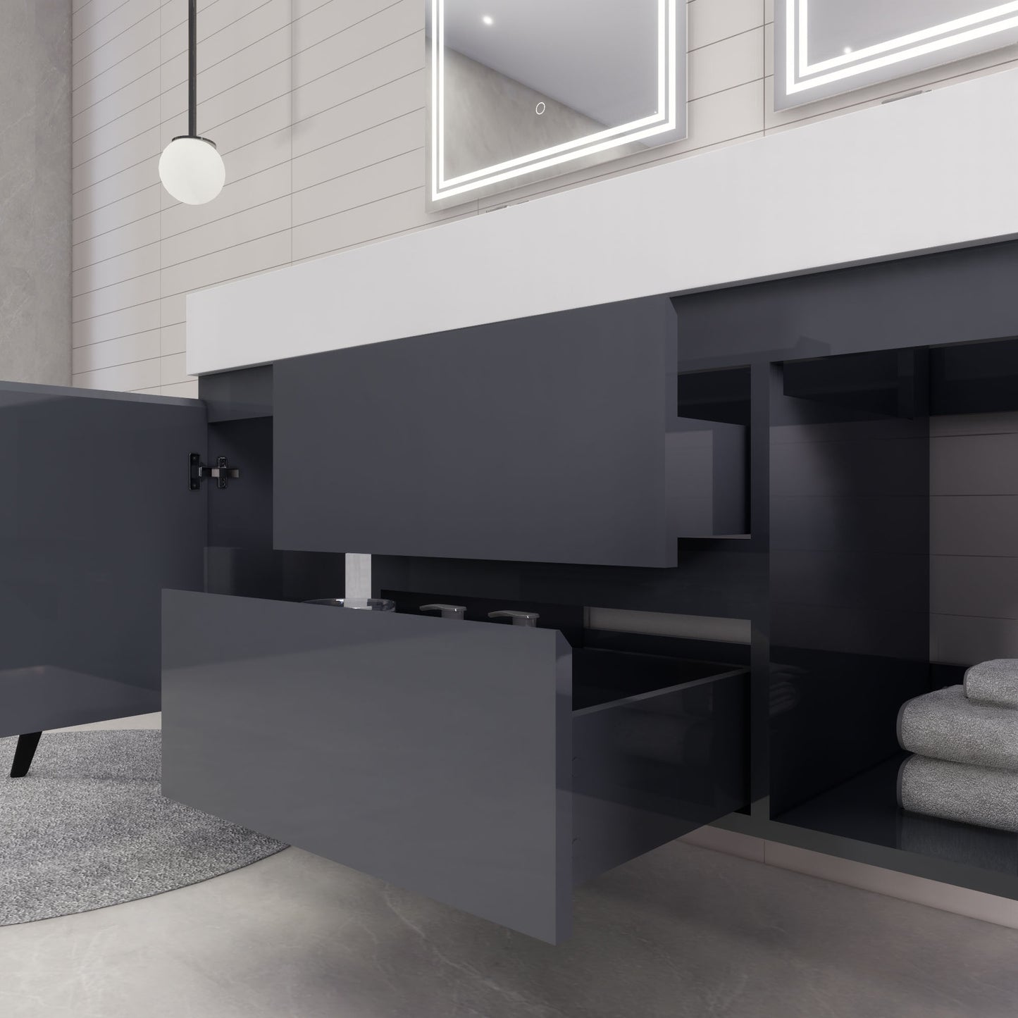 Monterey 60" Glossy Gray Wall Mounted Vanity with Reinforced Acrylic Sinks
