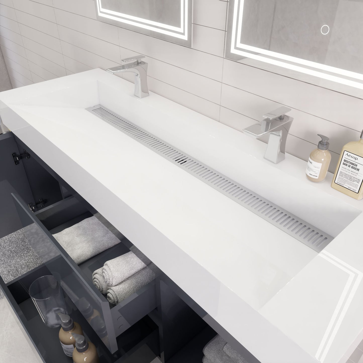 Monterey 60" Glossy Gray Wall Mounted Vanity with Reinforced Acrylic Sinks