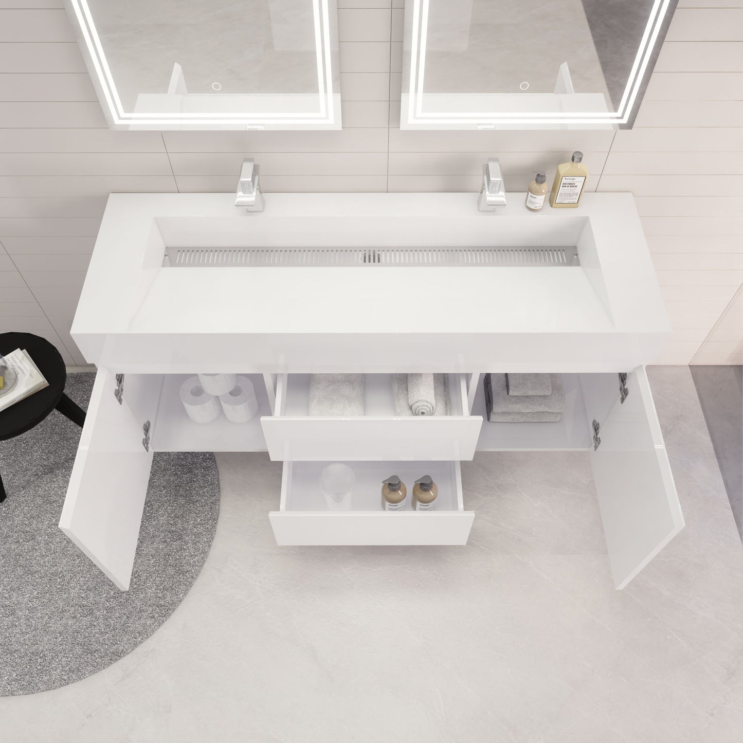 Monterey 60" Glossy White Wall Mounted Vanity with Reinforced Acrylic Sinks