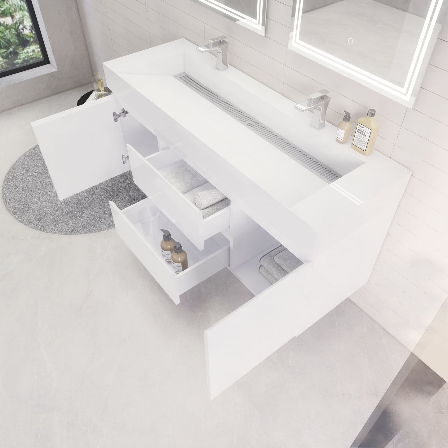 Monterey 60" Glossy White Wall Mounted Vanity with Reinforced Acrylic Sinks