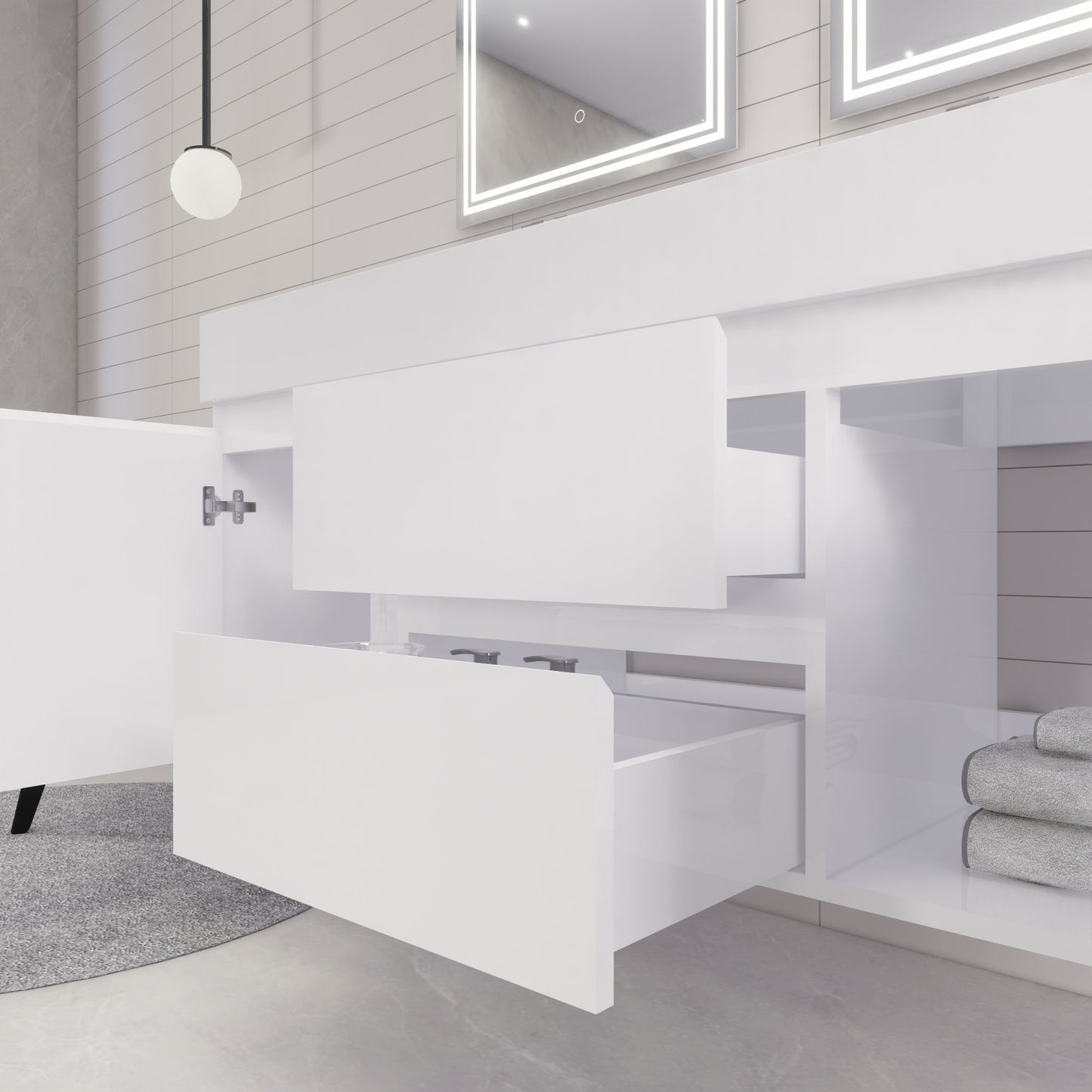 Monterey 60" Glossy White Wall Mounted Vanity with Reinforced Acrylic Sinks