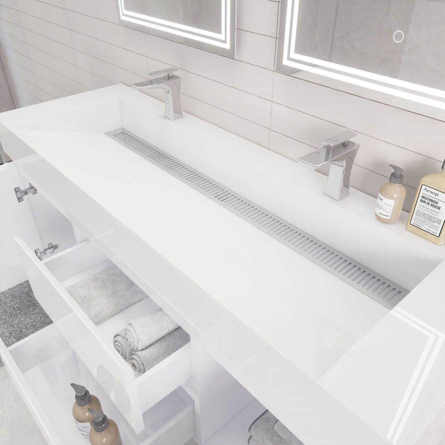Monterey 60" Glossy White Wall Mounted Vanity with Reinforced Acrylic Sinks