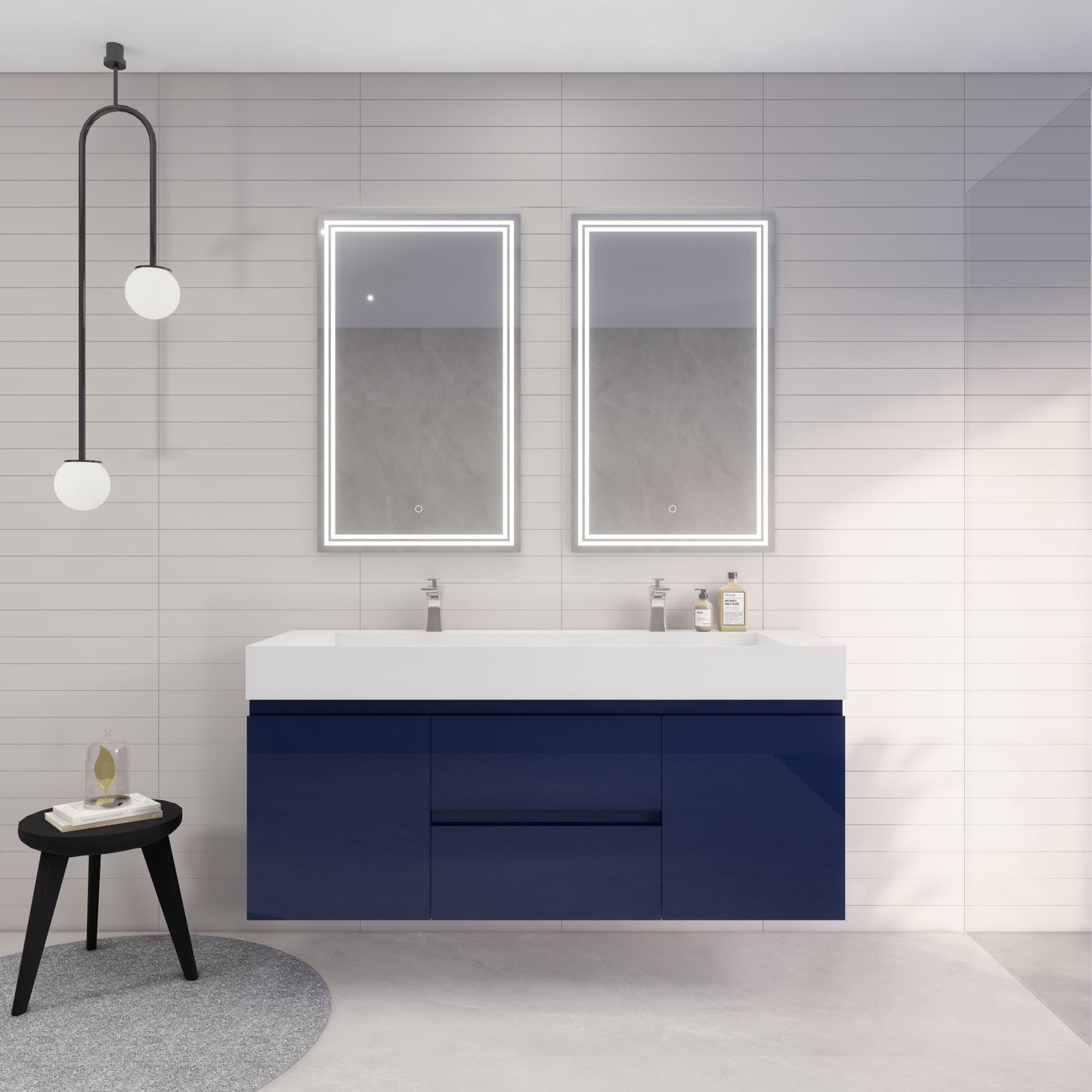 Monterey 60" Night Blue Wall Mounted Vanity with Reinforced Acrylic Sinks