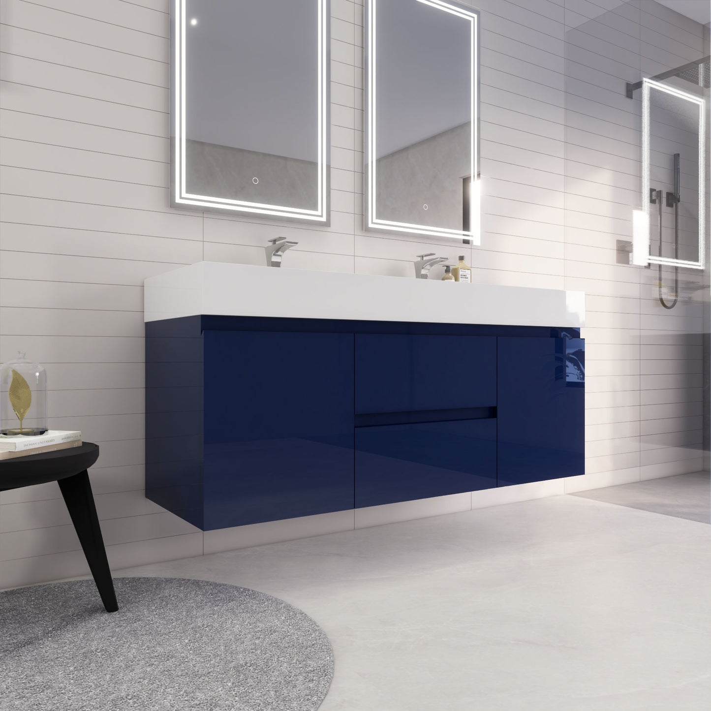 Monterey 60" Night Blue Wall Mounted Vanity with Reinforced Acrylic Sinks