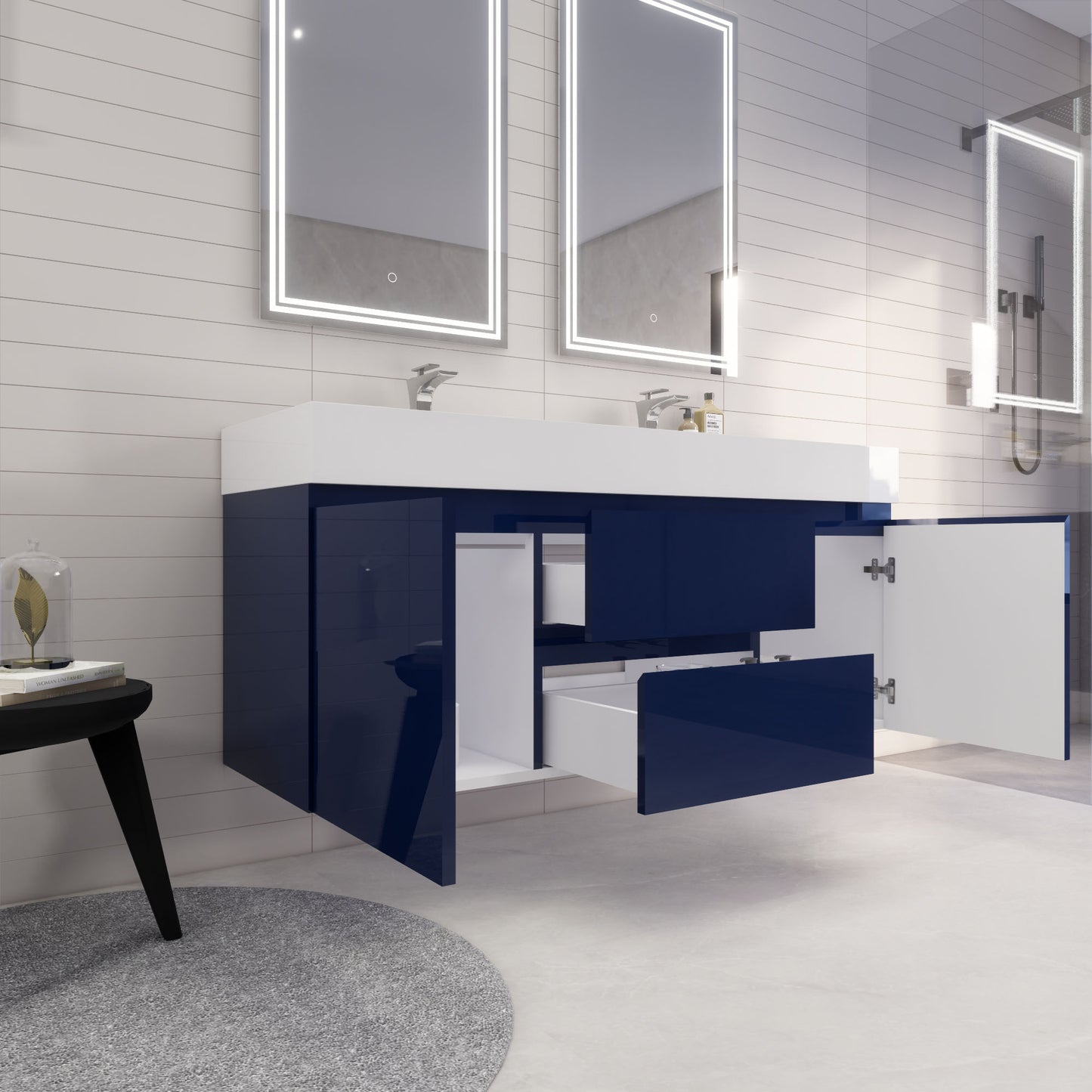 Monterey 60" Night Blue Wall Mounted Vanity with Reinforced Acrylic Sinks
