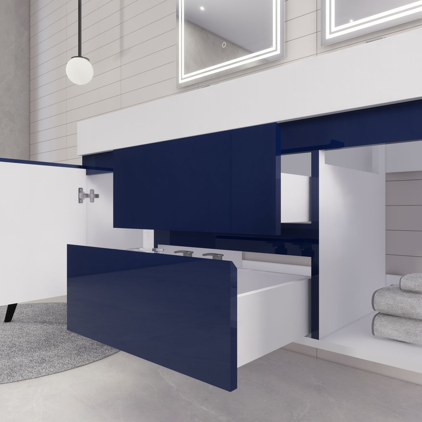 Monterey 60" Night Blue Wall Mounted Vanity with Reinforced Acrylic Sinks