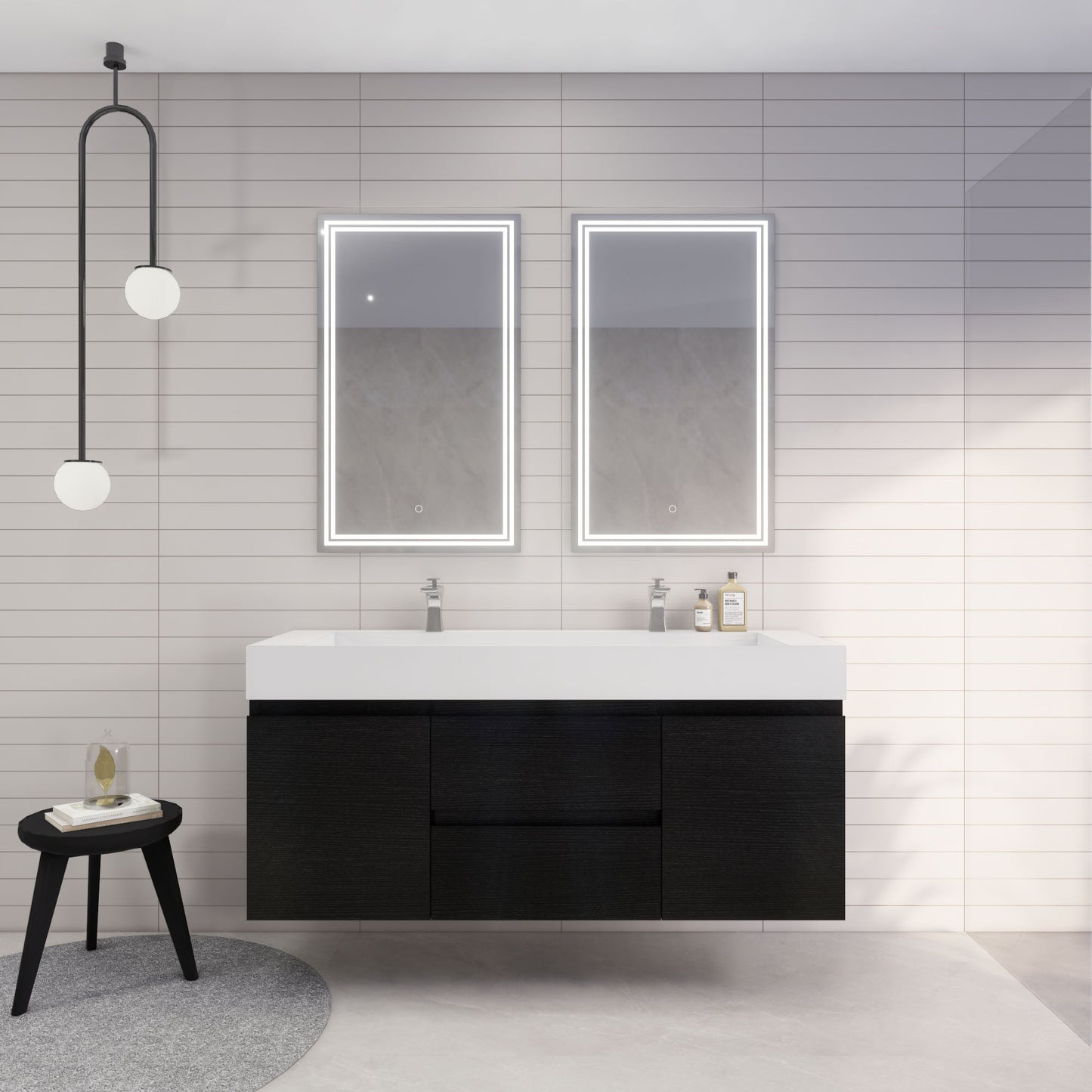 Monterey 60" Rich Black Wall Mounted Vanity with Reinforced Acrylic Sinks
