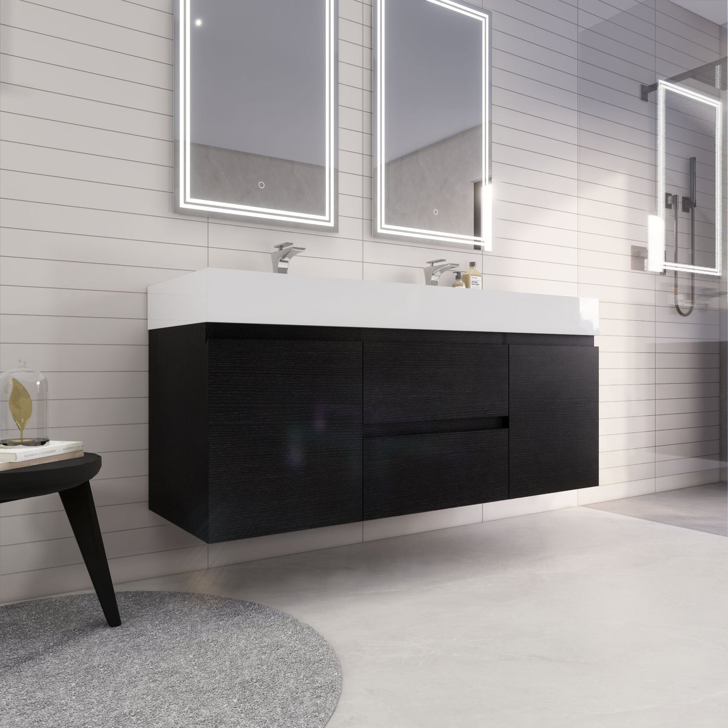 Monterey 60" Rich Black Wall Mounted Vanity with Reinforced Acrylic Sinks