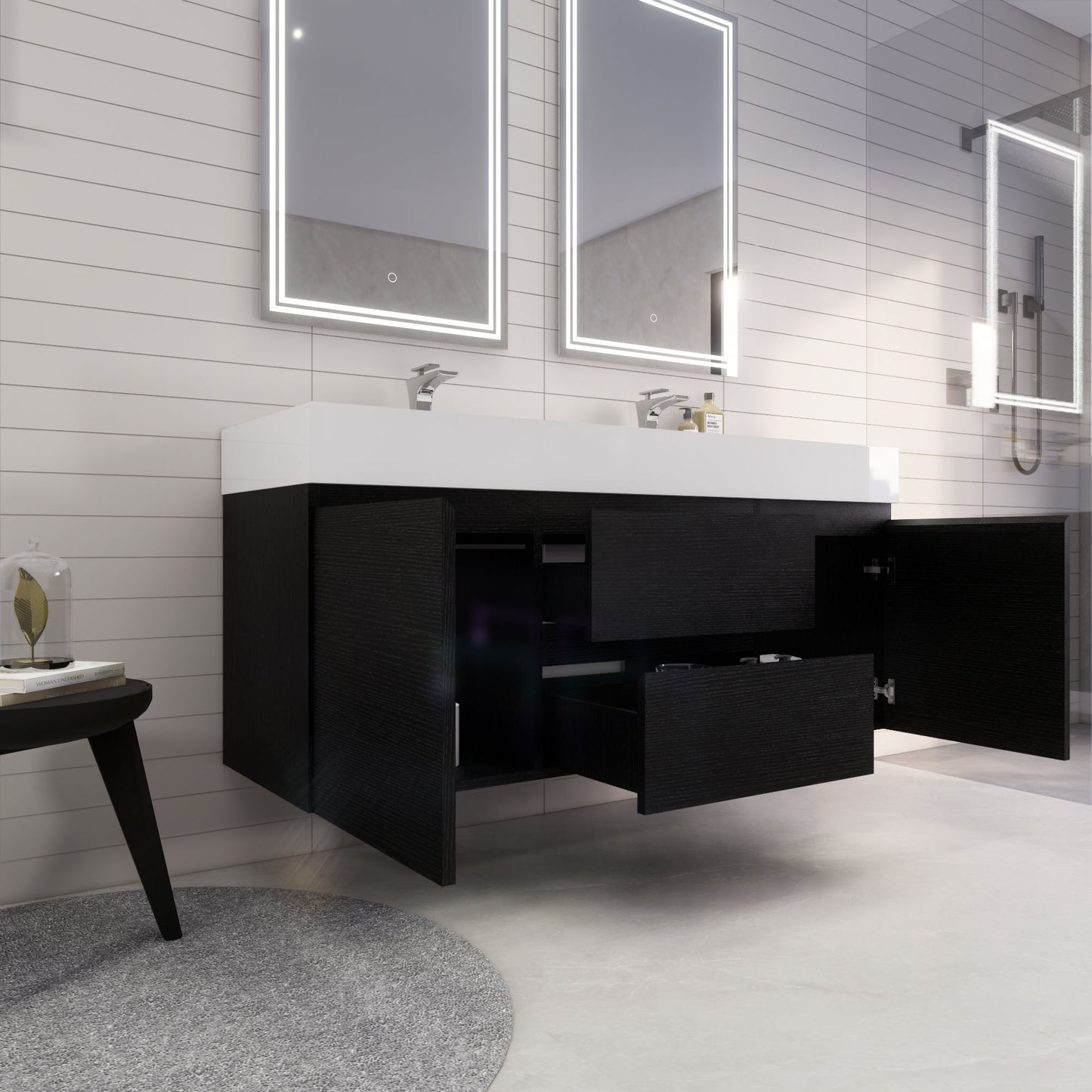 Monterey 60" Rich Black Wall Mounted Vanity with Reinforced Acrylic Sinks