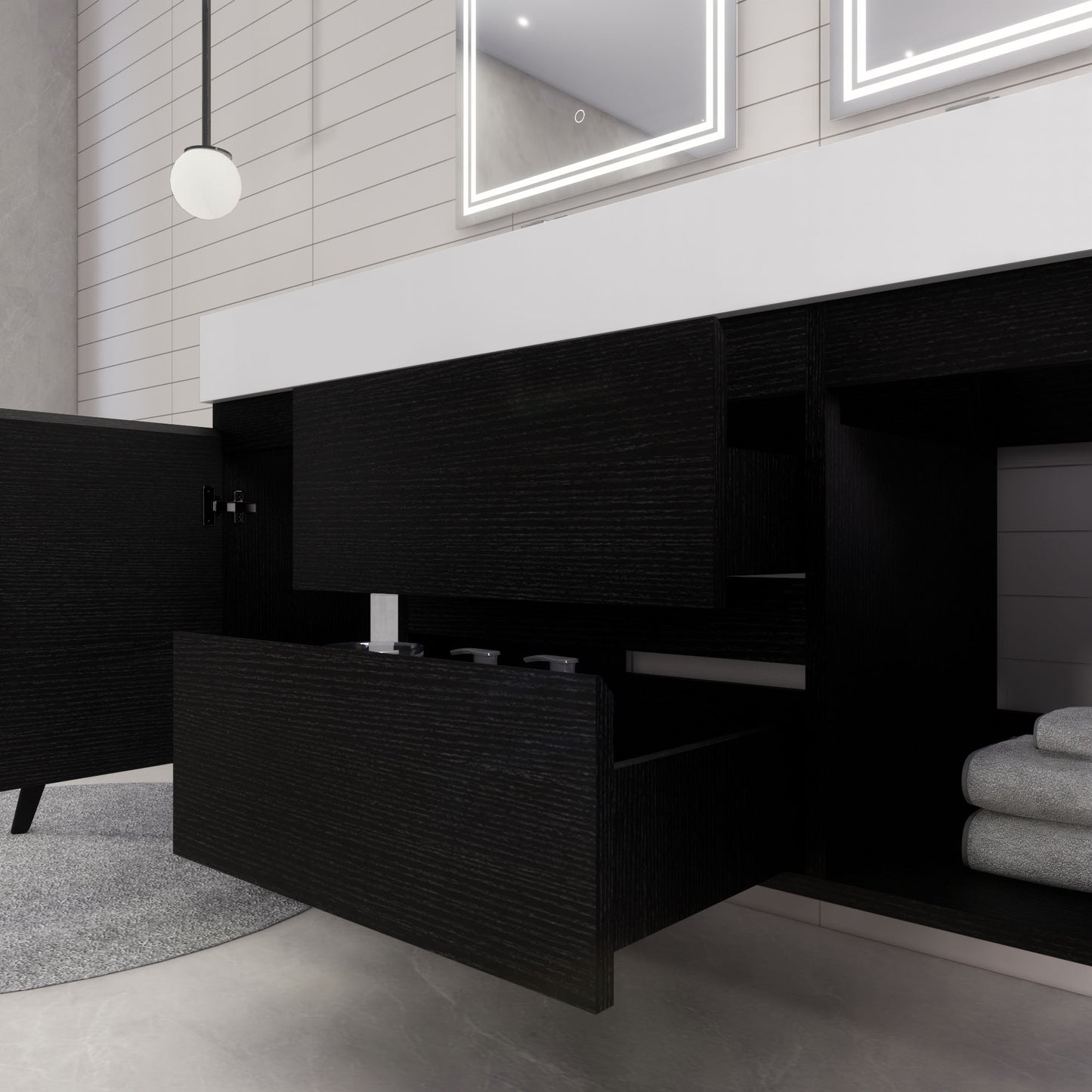 Monterey 60" Rich Black Wall Mounted Vanity with Reinforced Acrylic Sinks