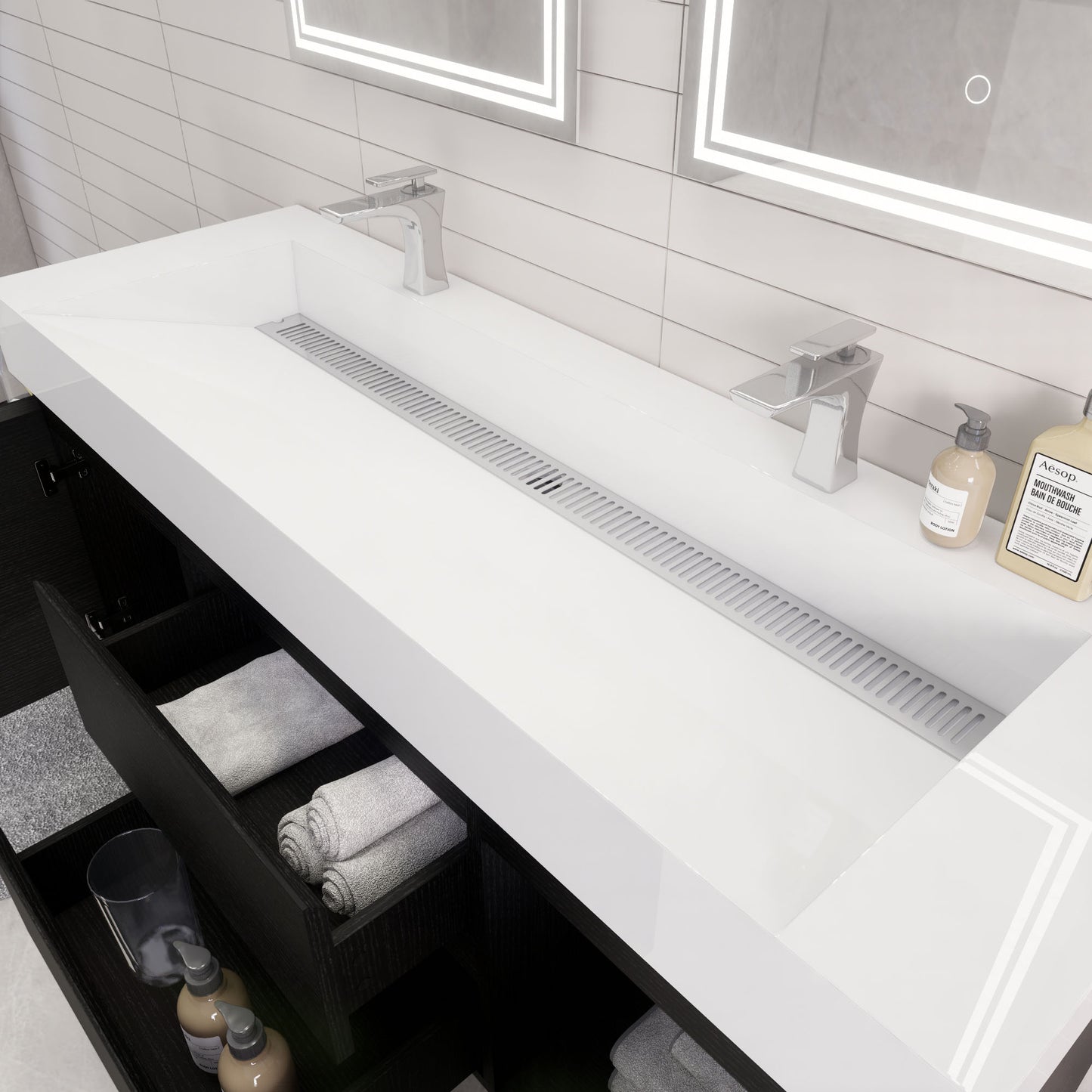 Monterey 60" Rich Black Wall Mounted Vanity with Reinforced Acrylic Sinks
