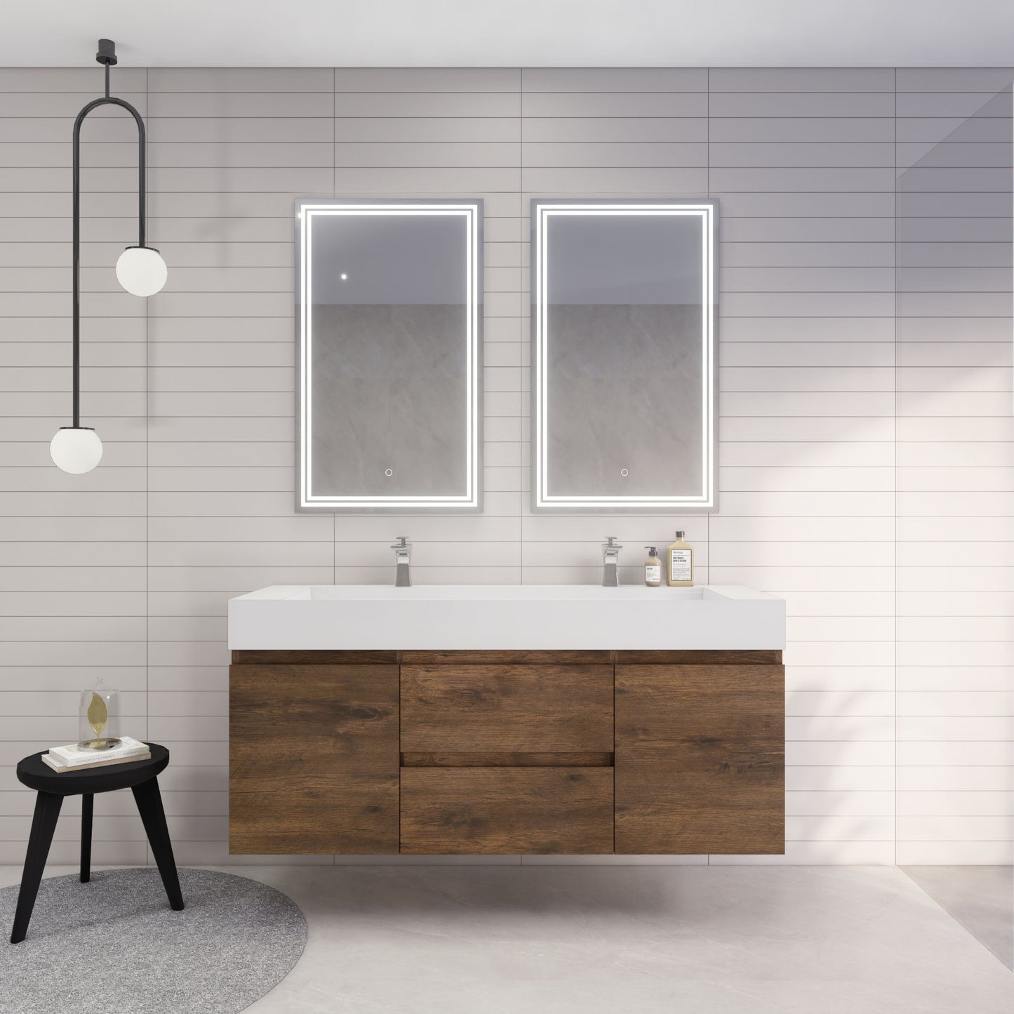 Monterey 60" Rosewood Wall Mounted Vanity with Reinforced Acrylic Sinks