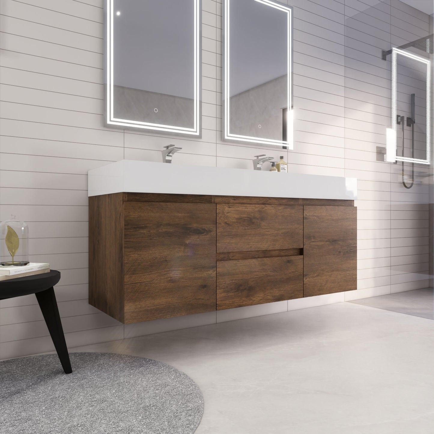 Monterey 60" Rosewood Wall Mounted Vanity with Reinforced Acrylic Sinks