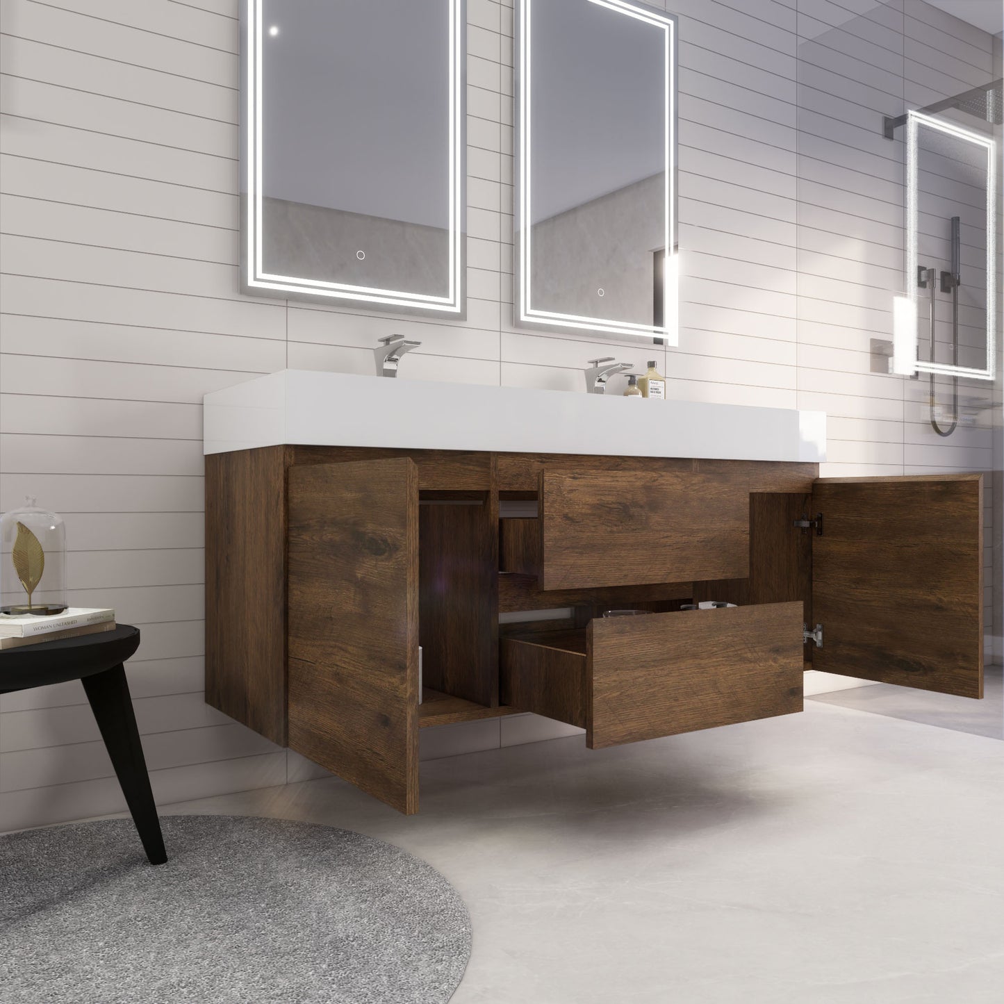 Monterey 60" Rosewood Wall Mounted Vanity with Reinforced Acrylic Sinks