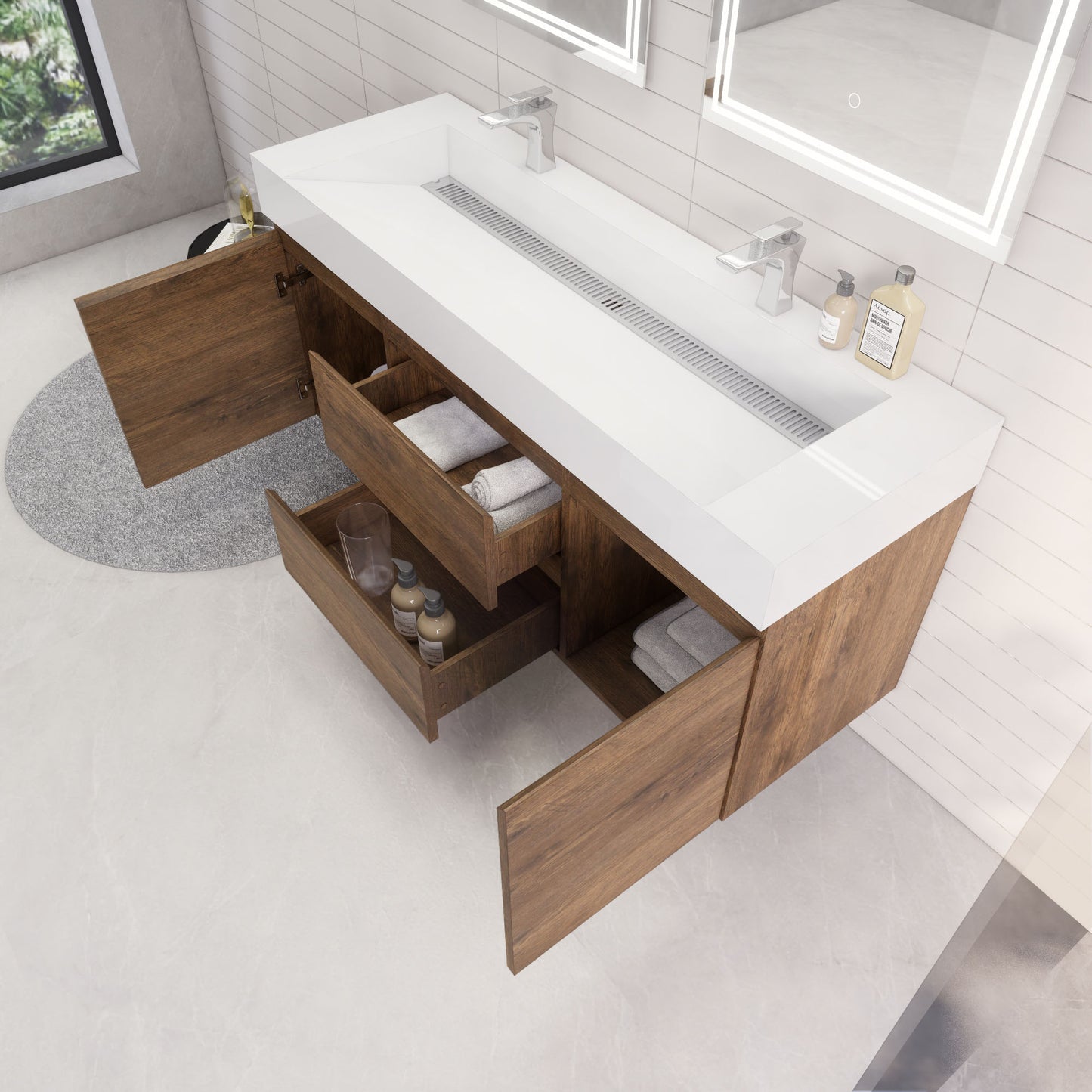 Monterey 60" Rosewood Wall Mounted Vanity with Reinforced Acrylic Sinks