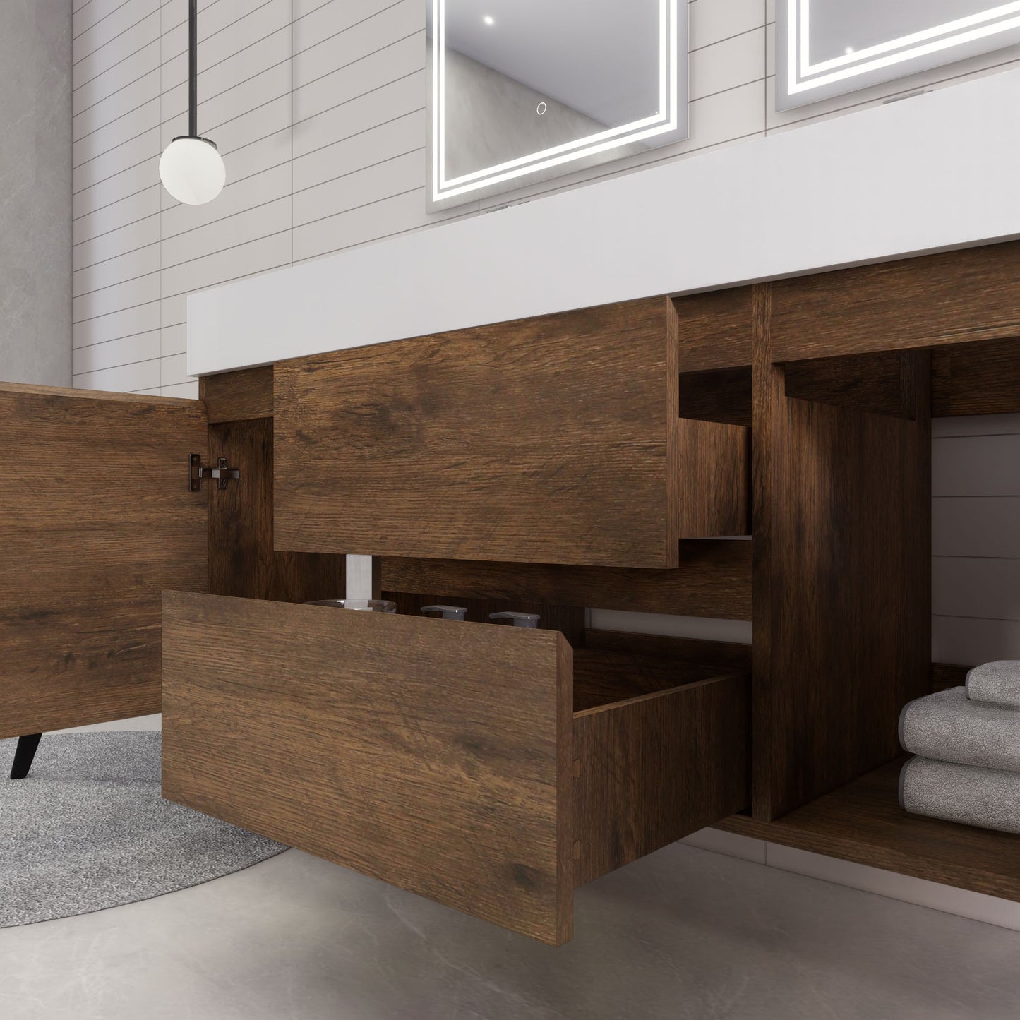 Monterey 60" Rosewood Wall Mounted Vanity with Reinforced Acrylic Sinks