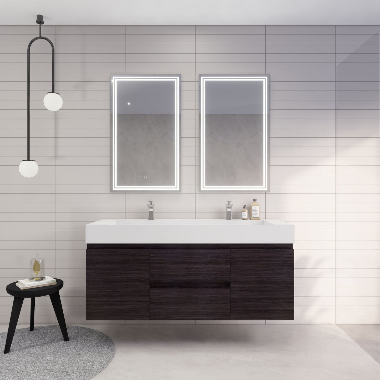 Monterey 60" Dark Gray Oak Wall Mounted Vanity with Reinforced Acrylic Sinks