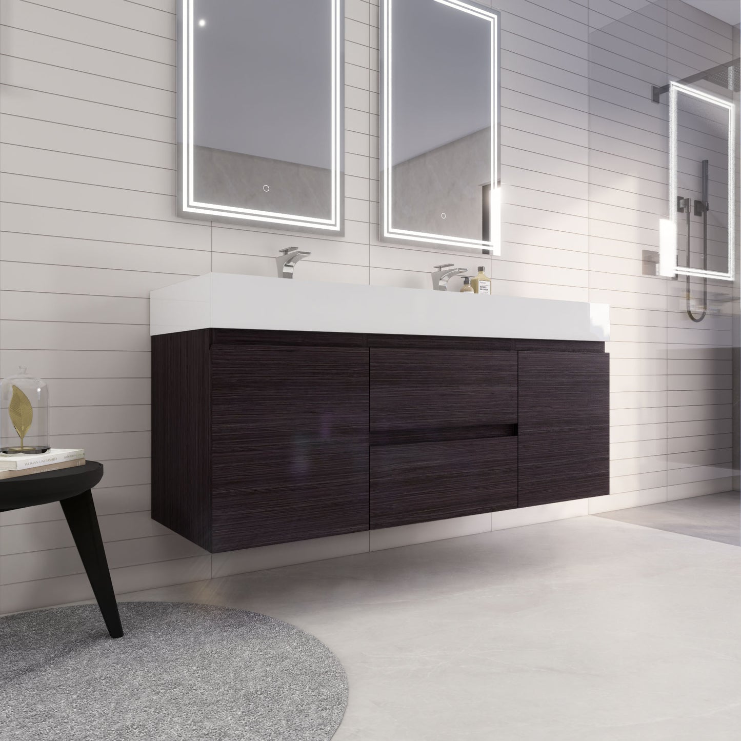 Monterey 60" Dark Gray Oak Wall Mounted Vanity with Reinforced Acrylic Sinks