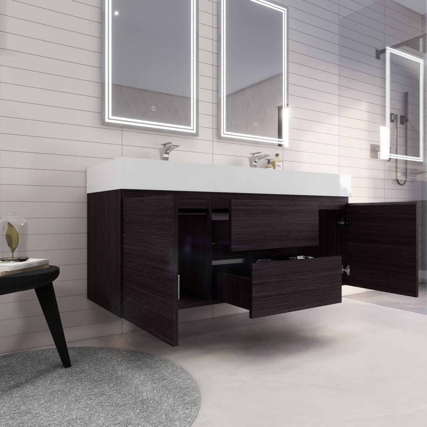 Monterey 60" Dark Gray Oak Wall Mounted Vanity with Reinforced Acrylic Sinks