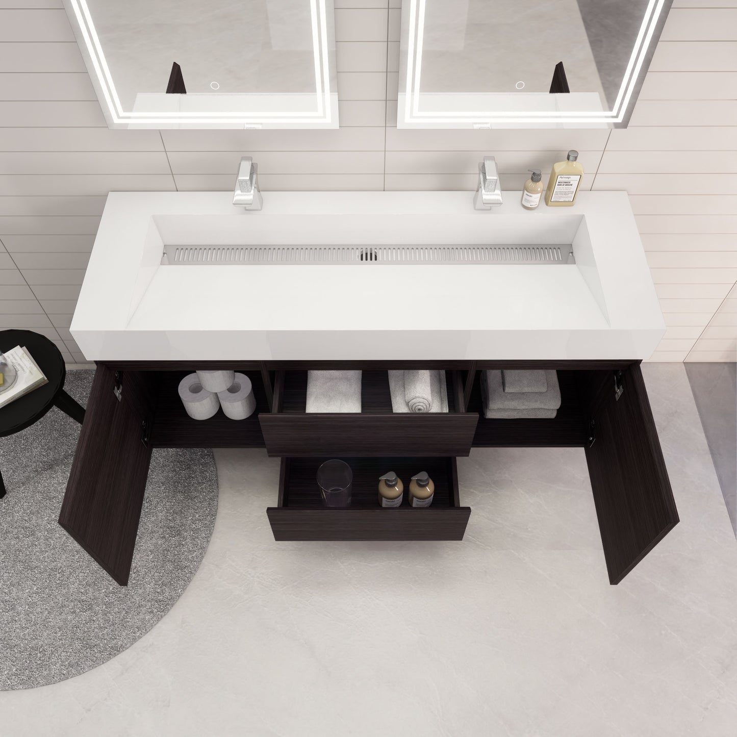 Monterey 60" Dark Gray Oak Wall Mounted Vanity with Reinforced Acrylic Sinks