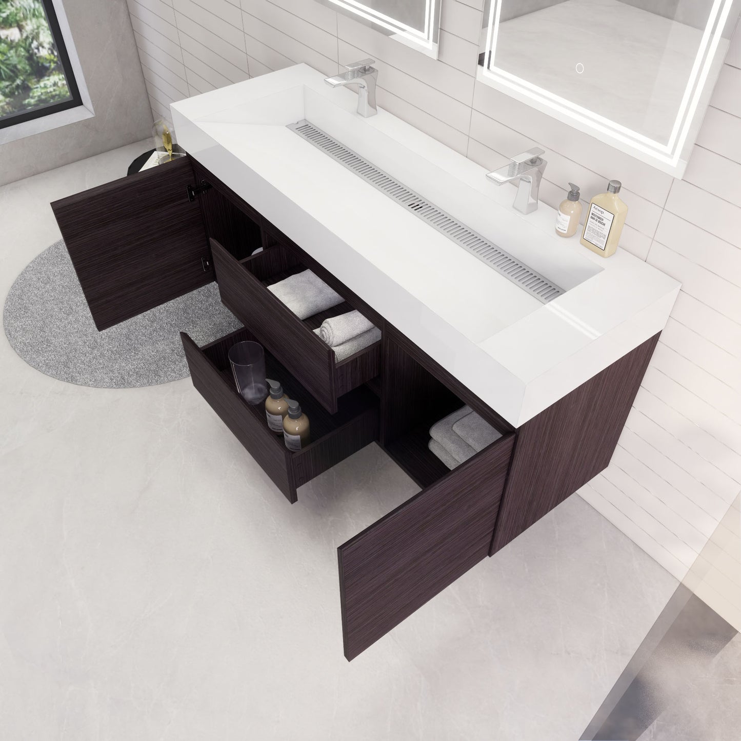Monterey 60" Dark Gray Oak Wall Mounted Vanity with Reinforced Acrylic Sinks