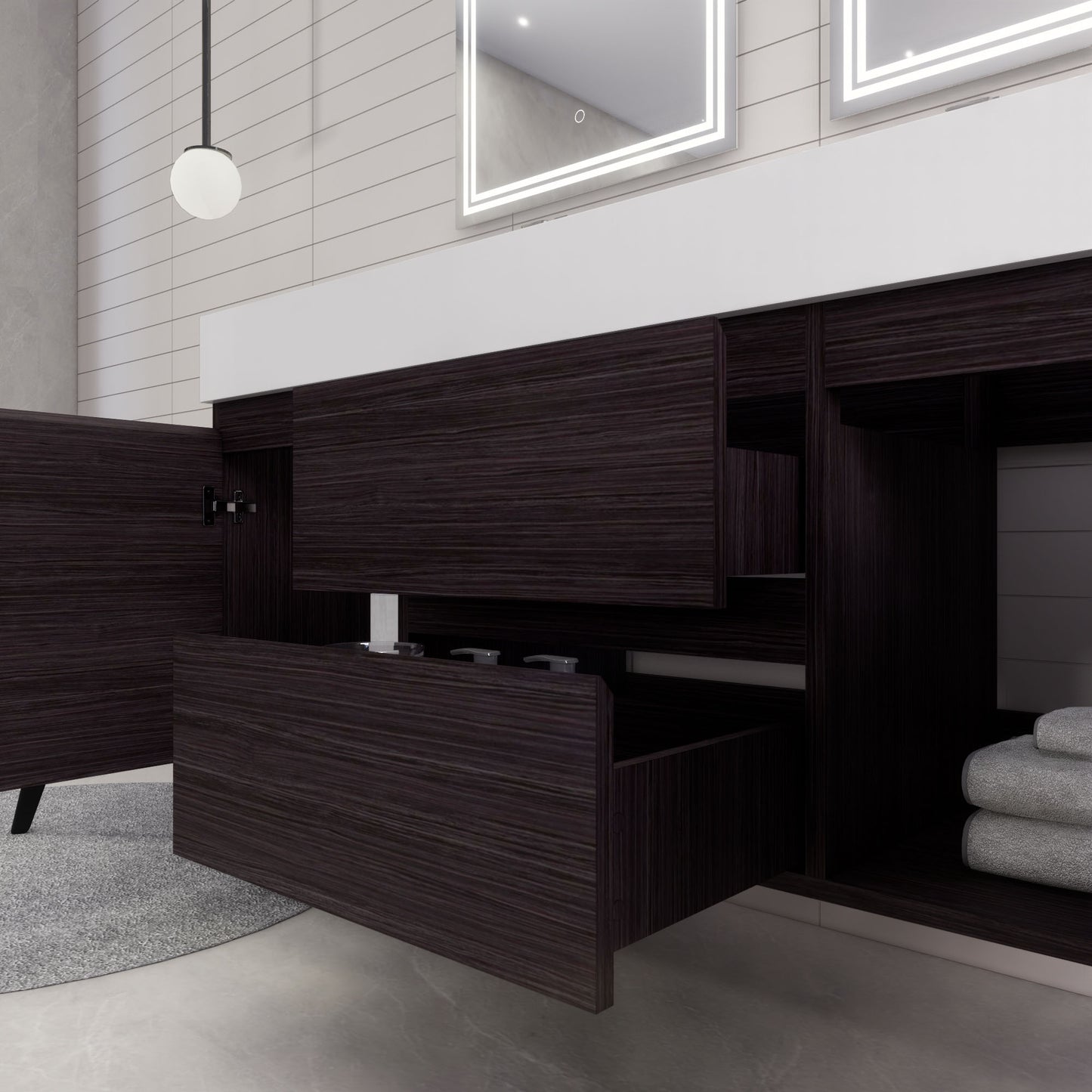 Monterey 60" Dark Gray Oak Wall Mounted Vanity with Reinforced Acrylic Sinks